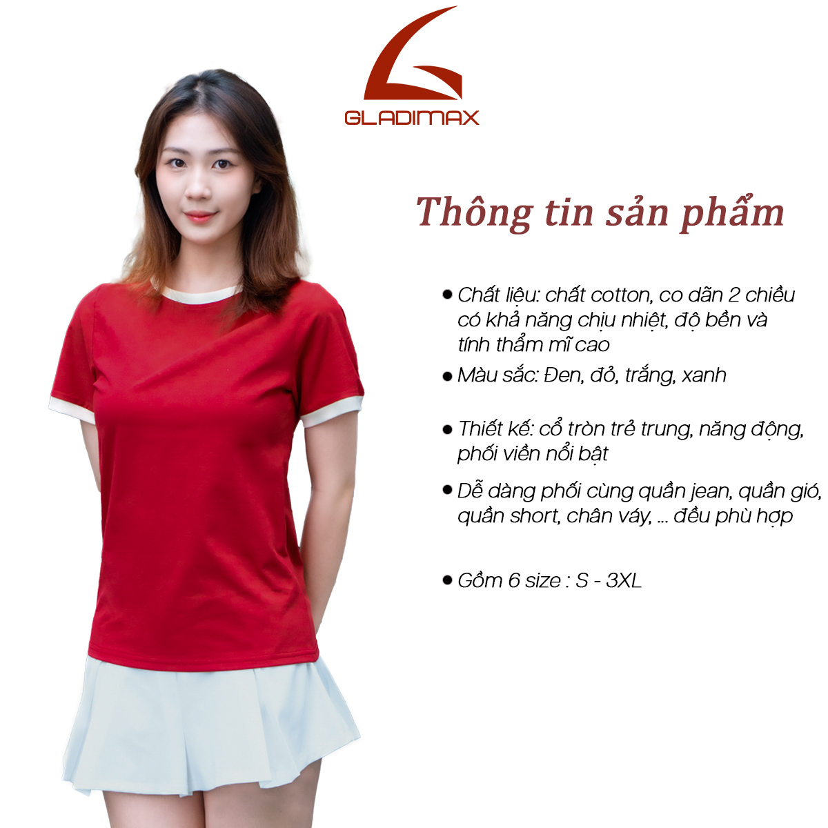 Mô tả GLADIMAX Áo Thun Cổ Tròn Phối Cổ TS154  l SỢI BÔNG MỸ KHÔNG TẠP CHẤT l T-shirt Nữ Cá Tính - 1