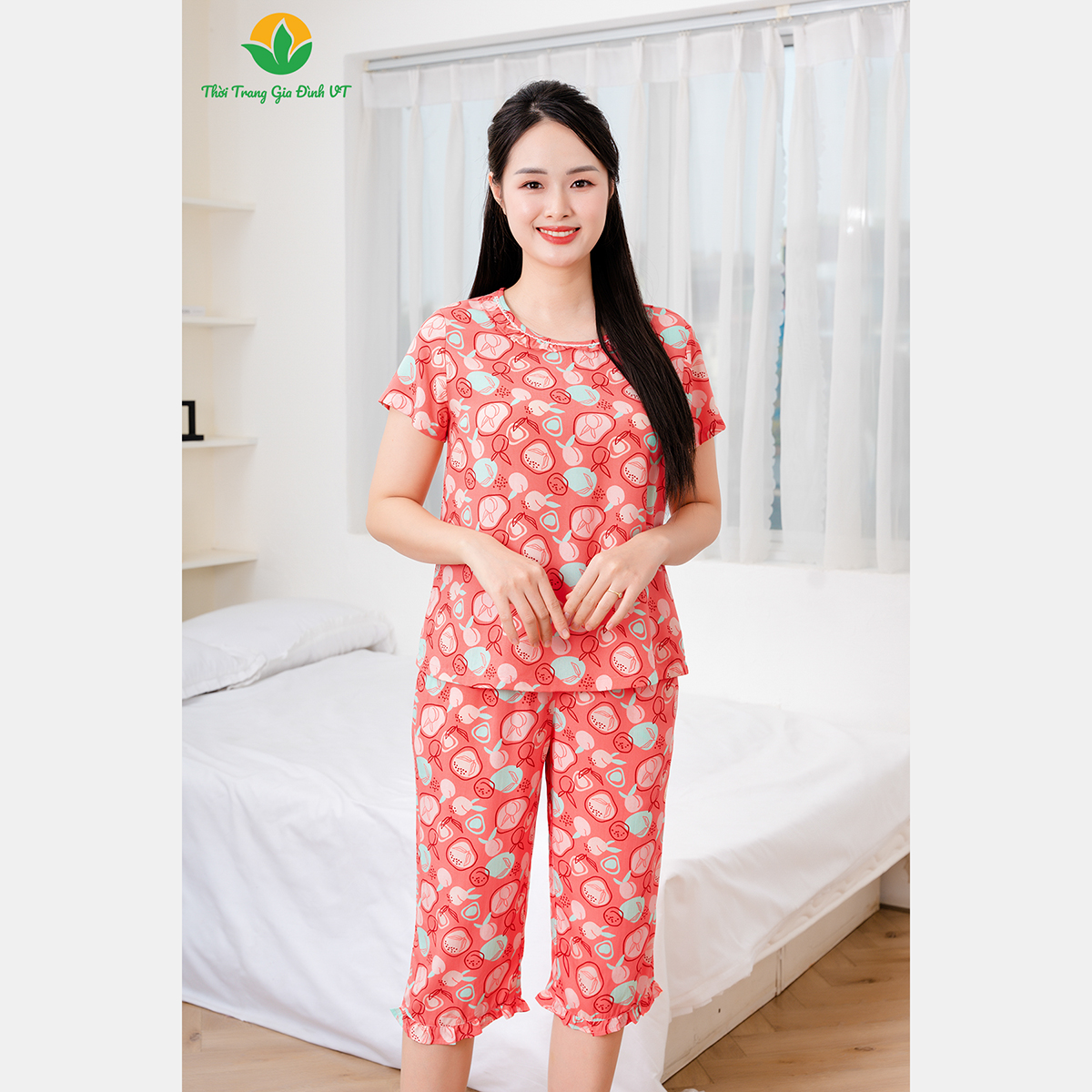 Mô tả Bộ lanh mặc nhà nữ thời trang Việt Thắng , quần lửng , áo cộc tay họa tiết - B06.5056 - 5
