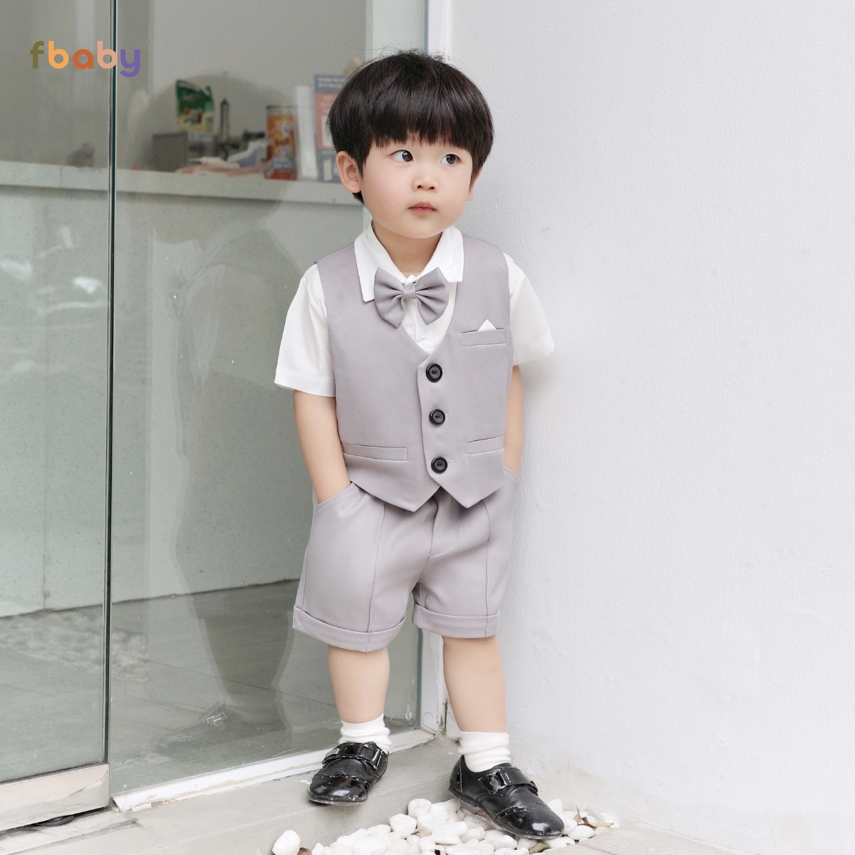 Mô tả Bộ Gile Cộc Tay Bé Trai Fbaby 3 Khuy Kèm Áo Sơ Mi Và Nơ Set Bộ Công Tử Lịch Lãm, Sang Trọng Đi Tiệc, Đi Chơi, Thôi Nôi - 4