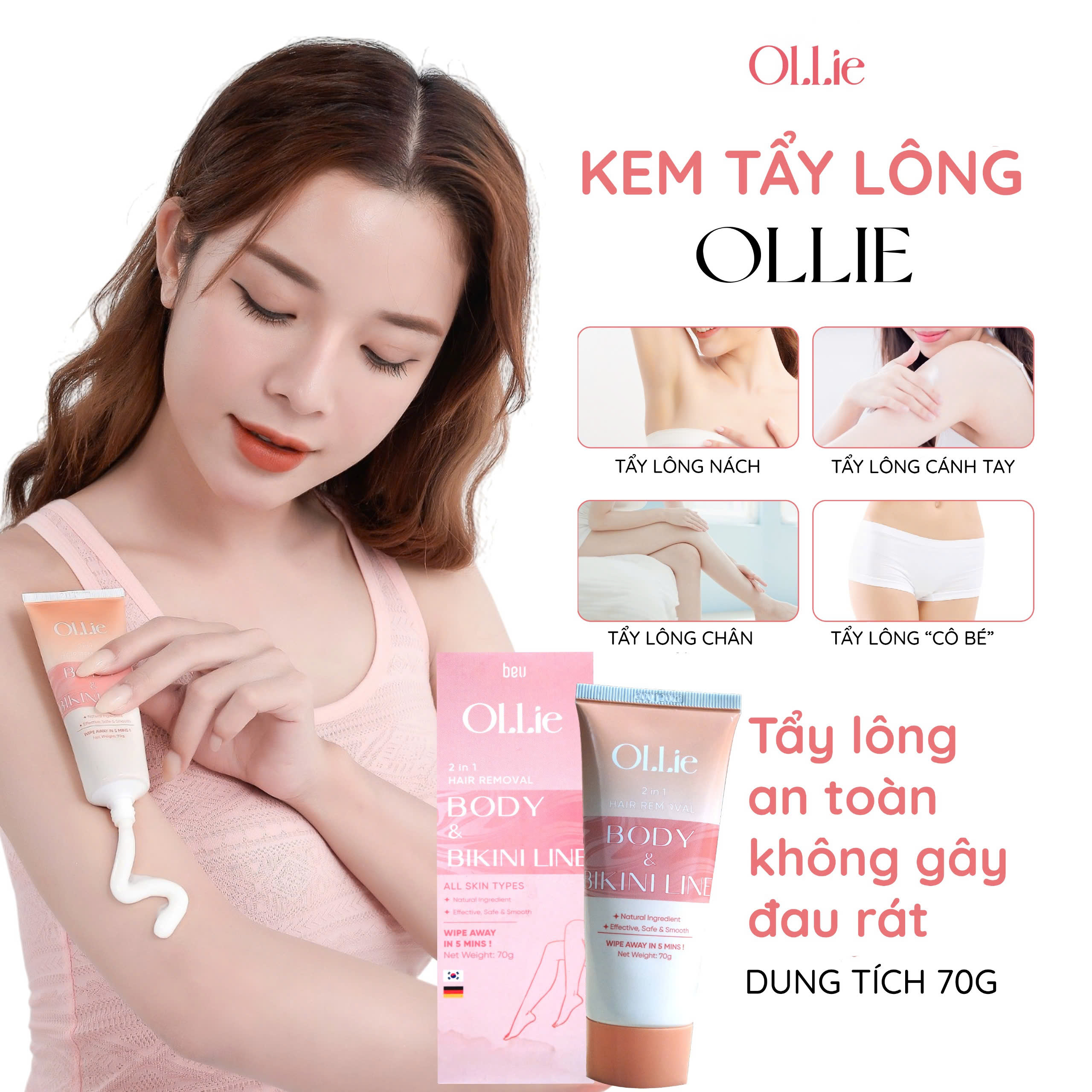 Mô tả Kem tẩy lông OLLIE, tẩy lông vùng kín, nách, tay, chân, tẩy lông an toàn không đau rát,phù hợp mọi loại da dung tích 70g - 2