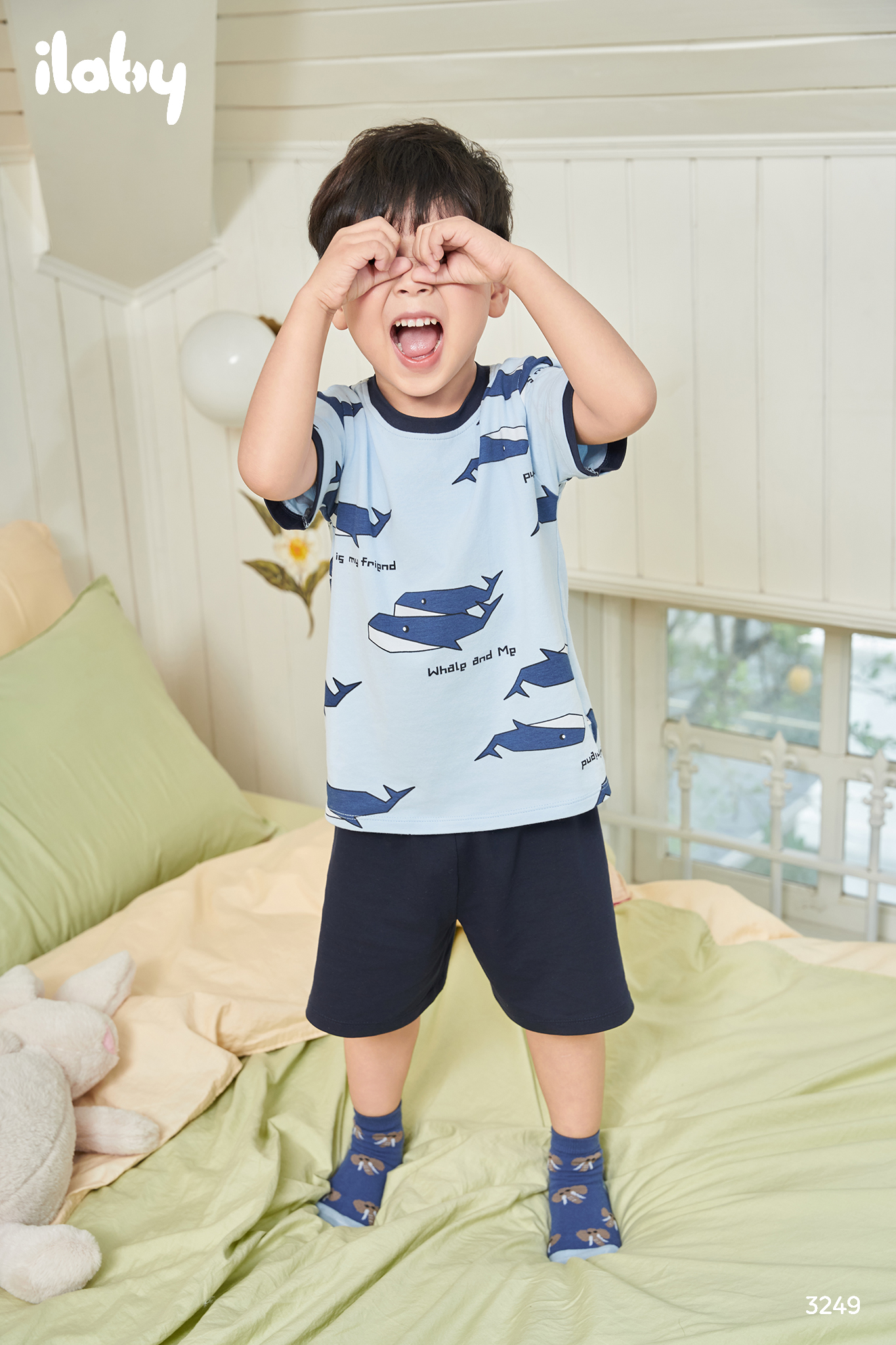 Mô tả Đồ bộ bé trai ILABY bộ thun cộc hè in hình cá voi sắc nét cổ tròn phối màu [3249] - 1