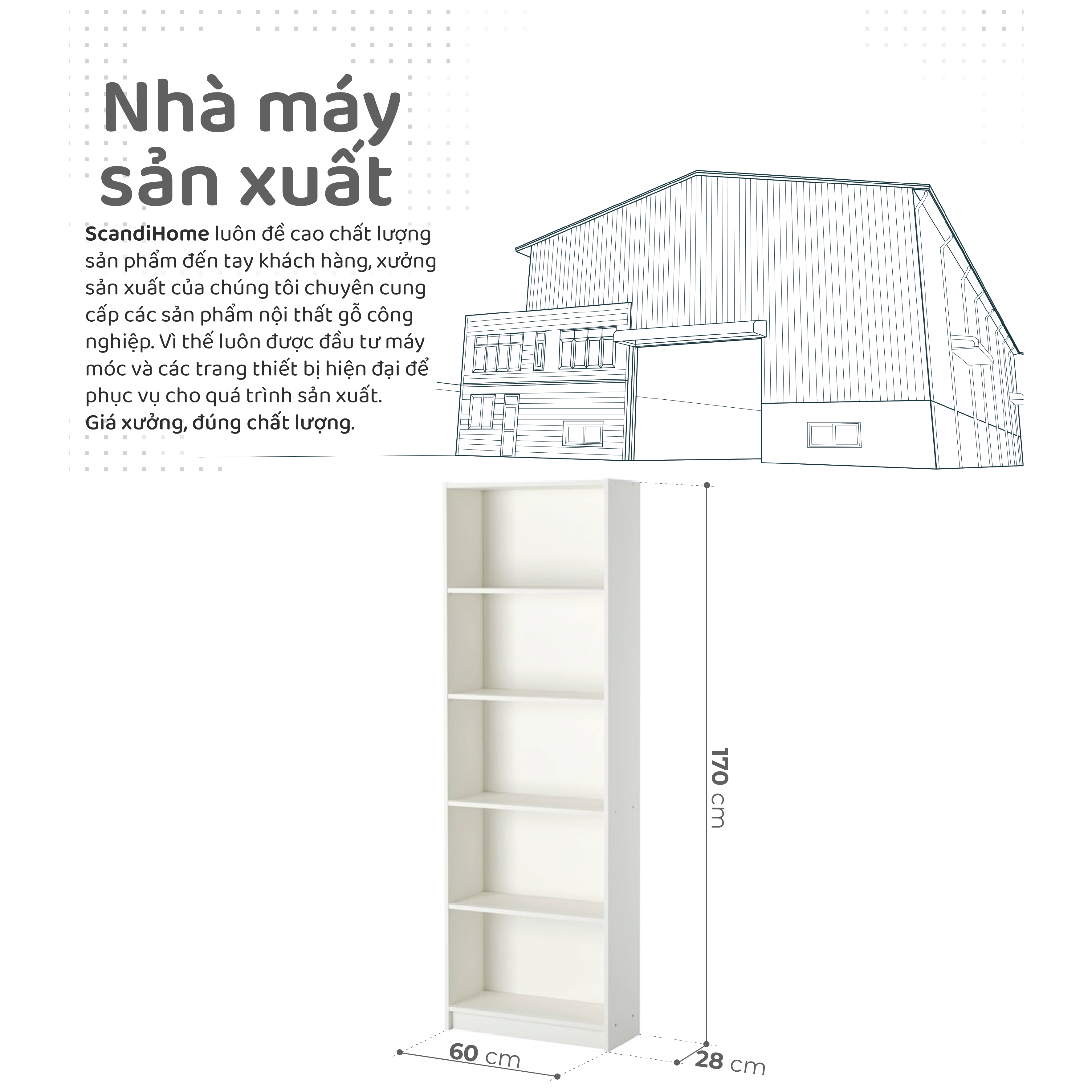 Mô tả JELLY, Kệ sách 5 tầng size nhỏ SHE_064, 60x28x170cm, kệ gỗ Scandi Home - 1