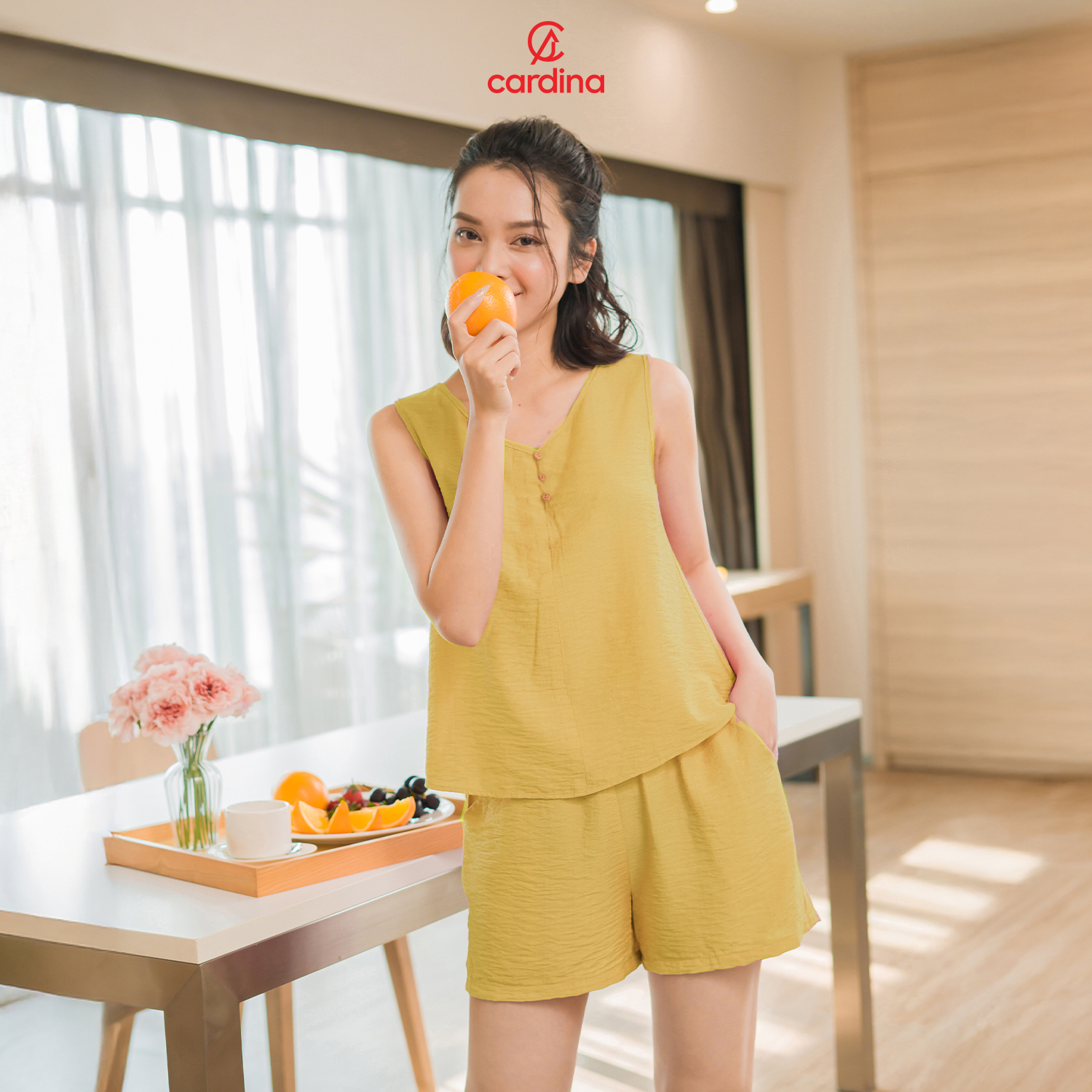 Mô tả Đồ bộ nữ CARDINA chất đũi bamboo xước cao cấp áo sát nách cổ V quần đùi 3DF02 5BDN04 - 4