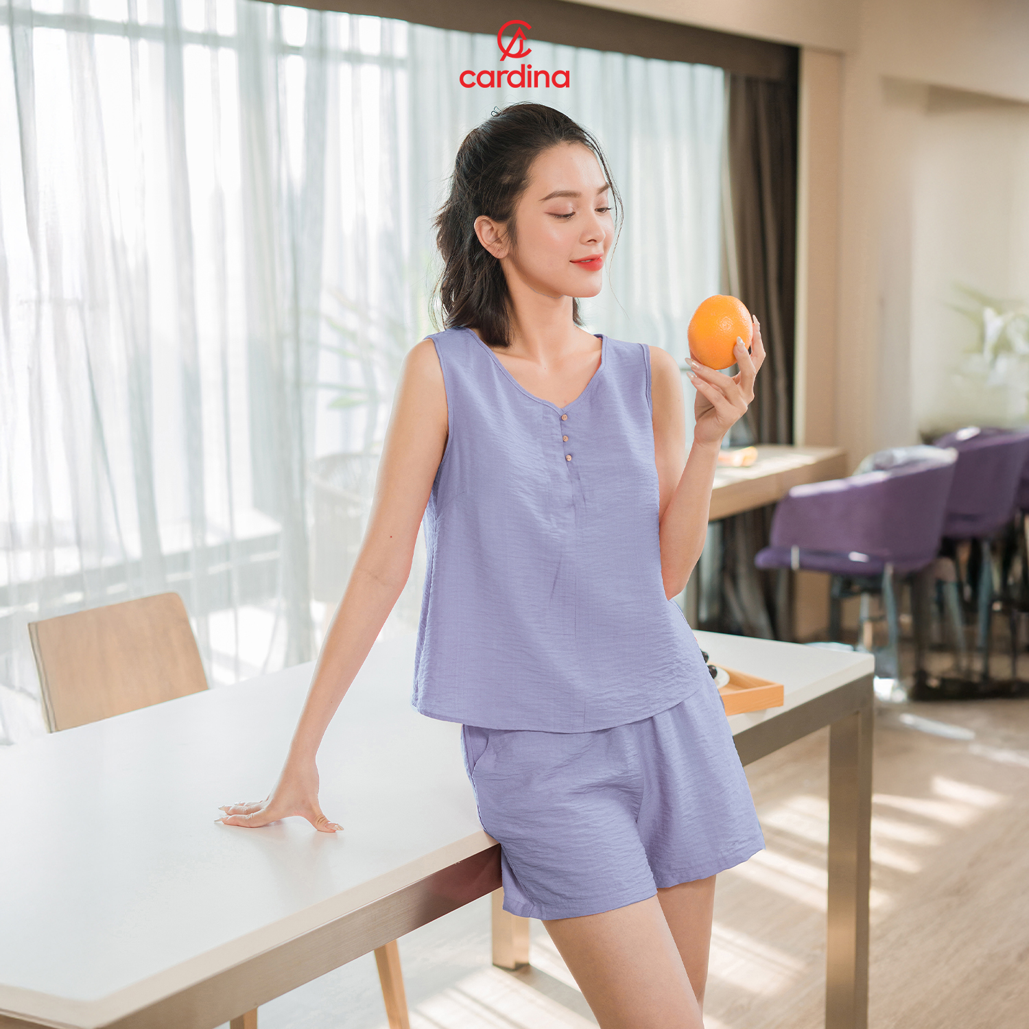 Mô tả Đồ bộ nữ CARDINA chất đũi bamboo xước cao cấp áo sát nách cổ V quần đùi 3DF02 5BDN04 - 6