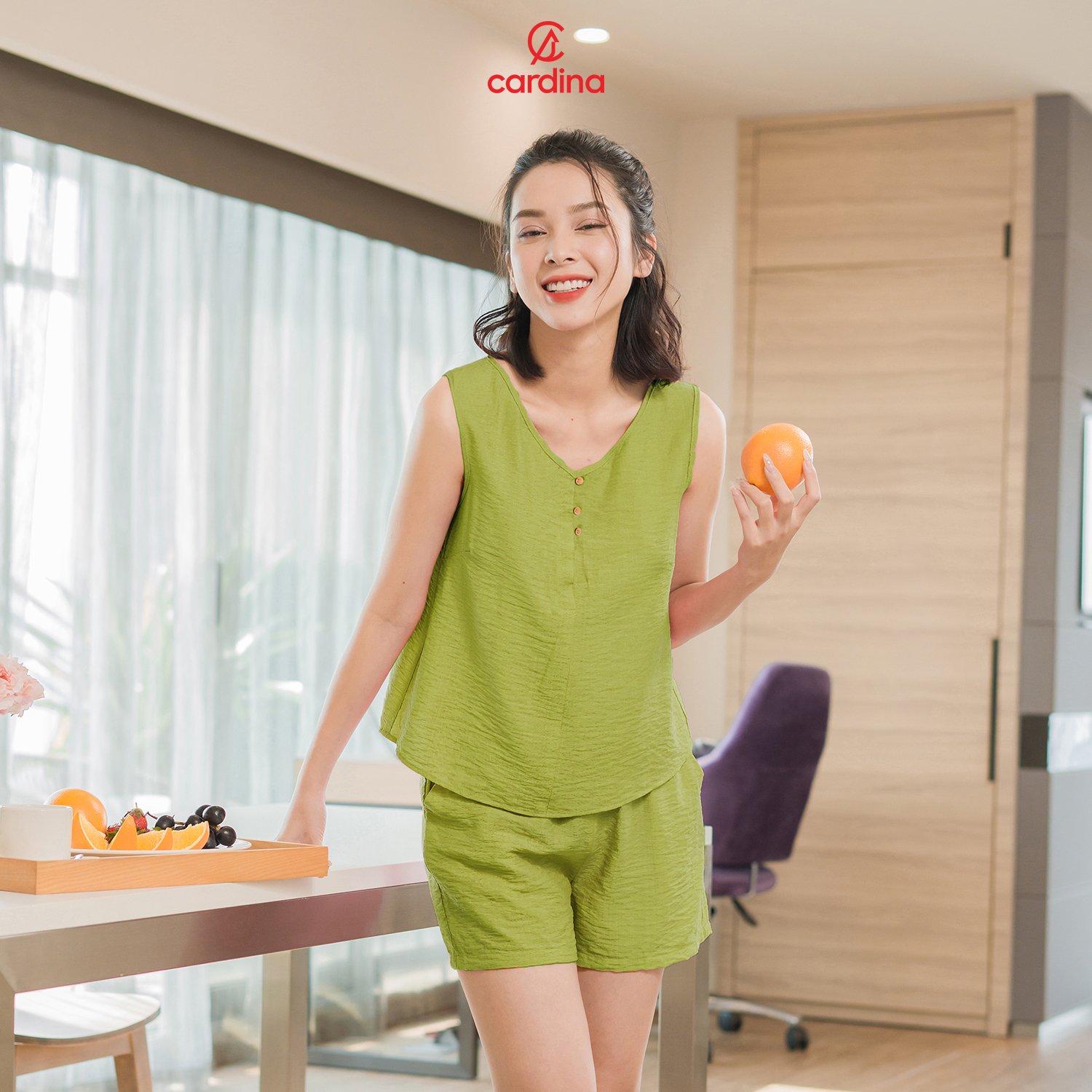 Mô tả Đồ bộ nữ CARDINA chất đũi bamboo xước cao cấp áo sát nách cổ V quần đùi 3DF02 5BDN04 - 11