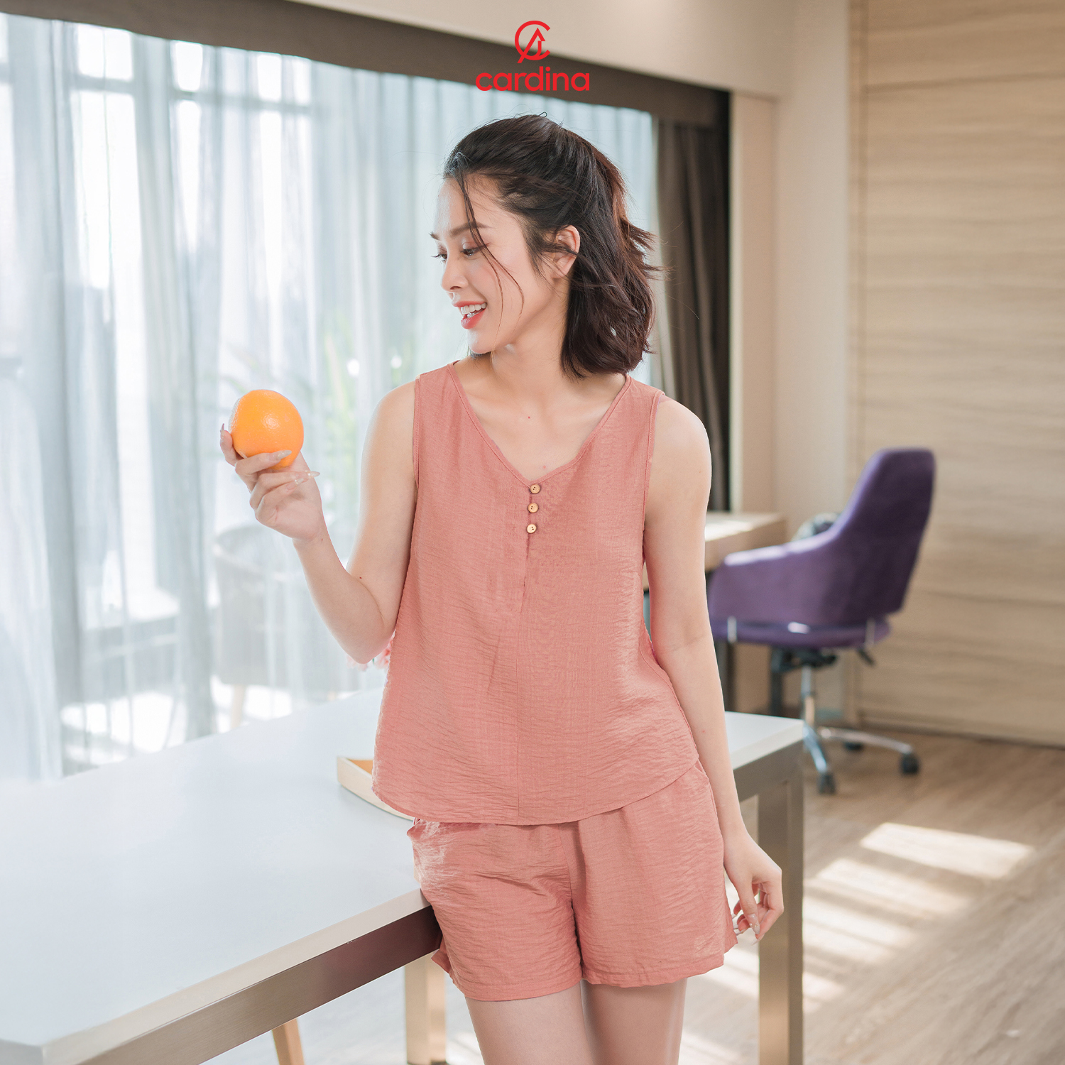 Mô tả Đồ bộ nữ CARDINA chất đũi bamboo xước cao cấp áo sát nách cổ V quần đùi 3DF02 5BDN04 - 12