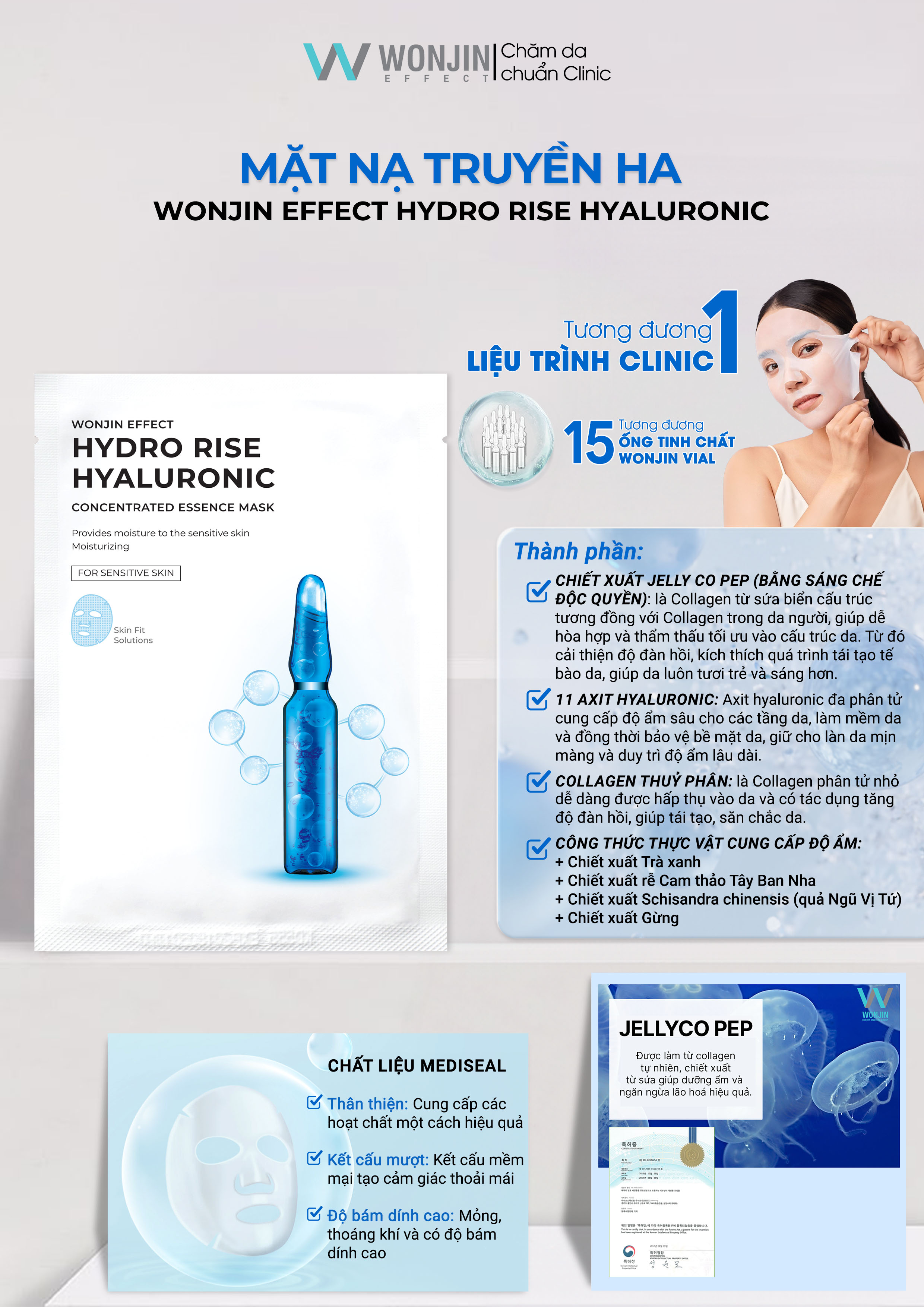 Mô tả Combo 10 Mặt Nạ Truyền HA Cấp Ẩm Chuyên Sâu WonJin Effect Hydro Rise Hyaluronic Mask[B1] - 3