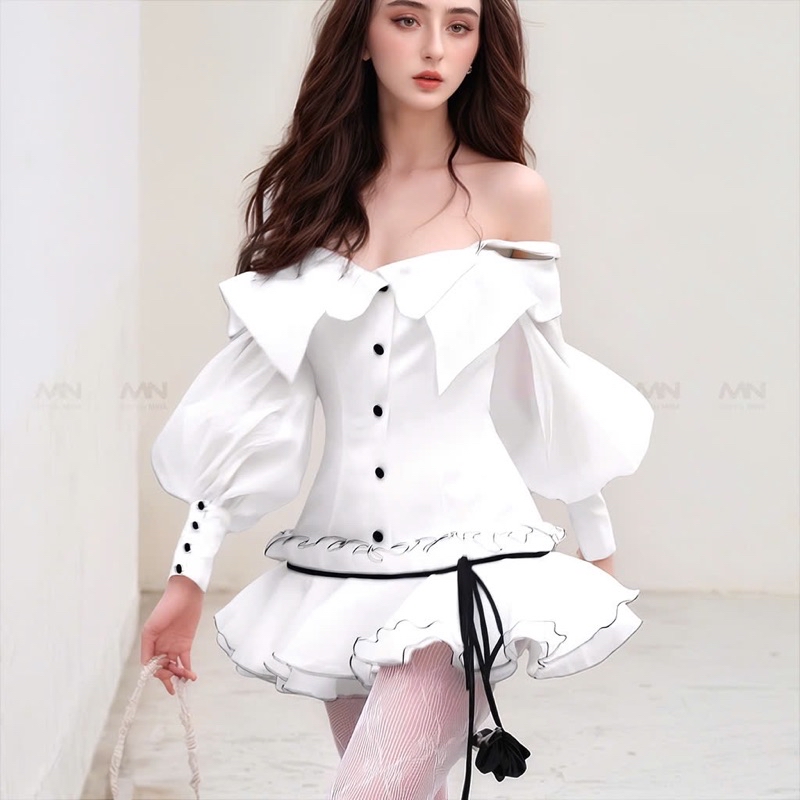 Mô tả Đầm dự tiệc MINA tay dài dáng xoè cách điệu xinh đẹp chất Taffta phối Tơ lụa màu trắng MN306 - 3