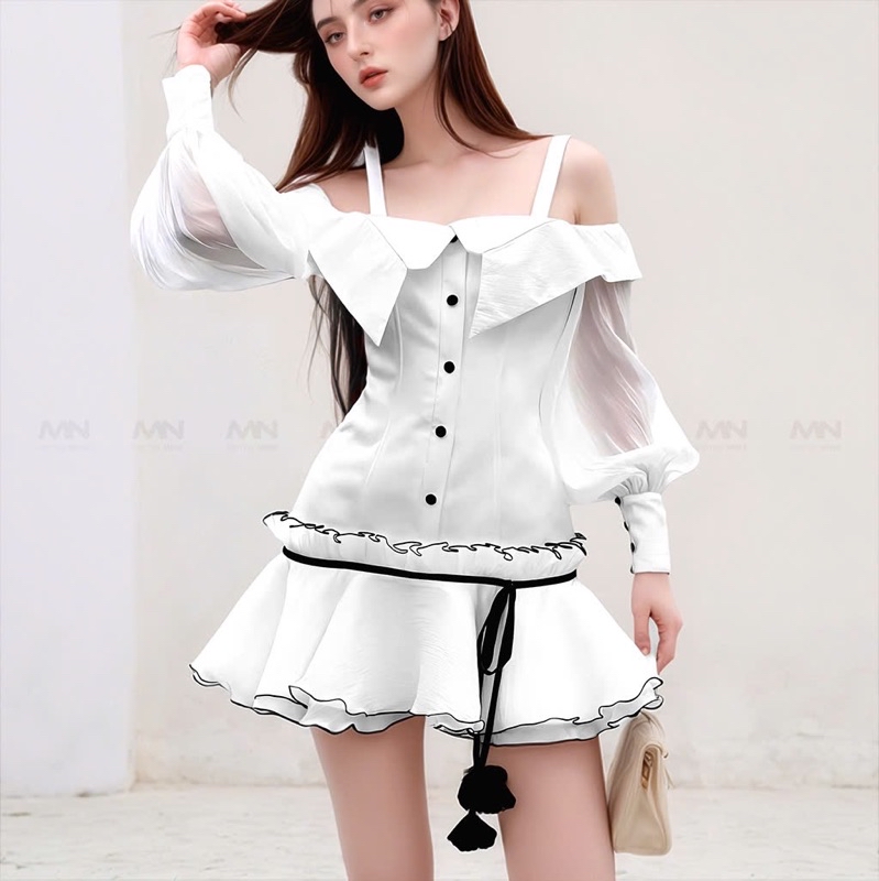 Mô tả Đầm dự tiệc MINA tay dài dáng xoè cách điệu xinh đẹp chất Taffta phối Tơ lụa màu trắng MN306 - 2
