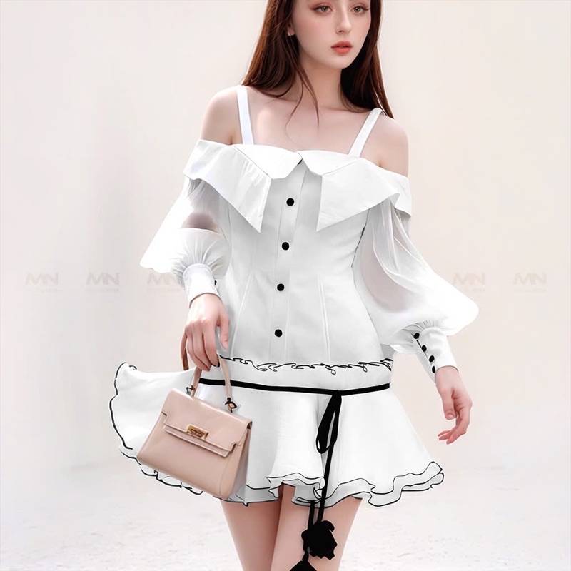 Mô tả Đầm dự tiệc MINA tay dài dáng xoè cách điệu xinh đẹp chất Taffta phối Tơ lụa màu trắng MN306 - 4