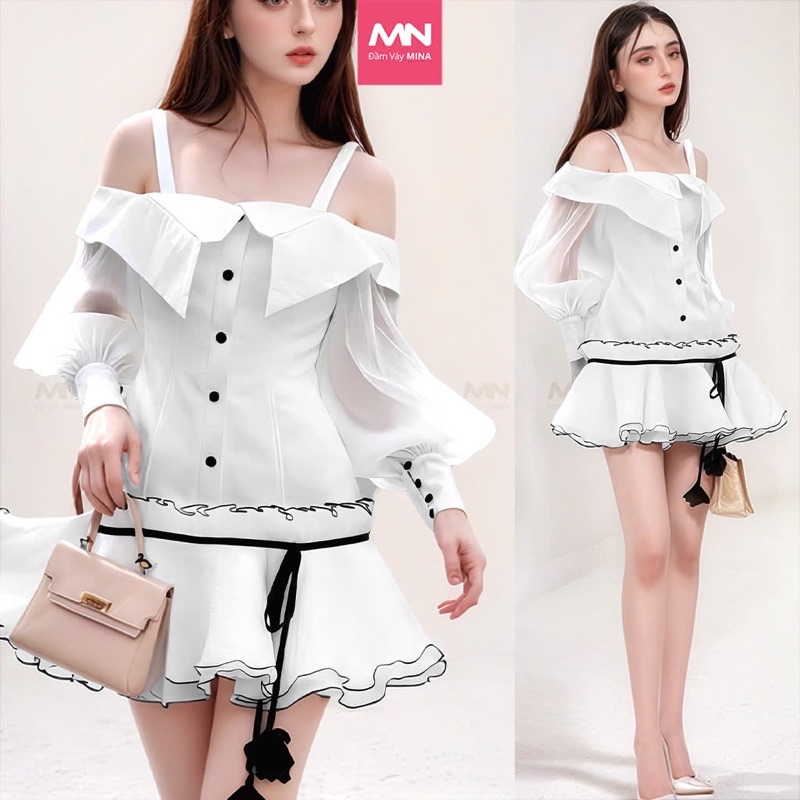 Mô tả Đầm dự tiệc MINA tay dài dáng xoè cách điệu xinh đẹp chất Taffta phối Tơ lụa màu trắng MN306 - 1