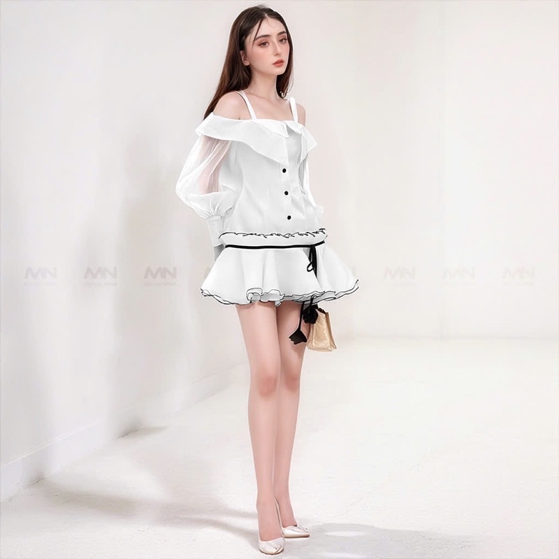 Mô tả Đầm dự tiệc MINA tay dài dáng xoè cách điệu xinh đẹp chất Taffta phối Tơ lụa màu trắng MN306 - 5