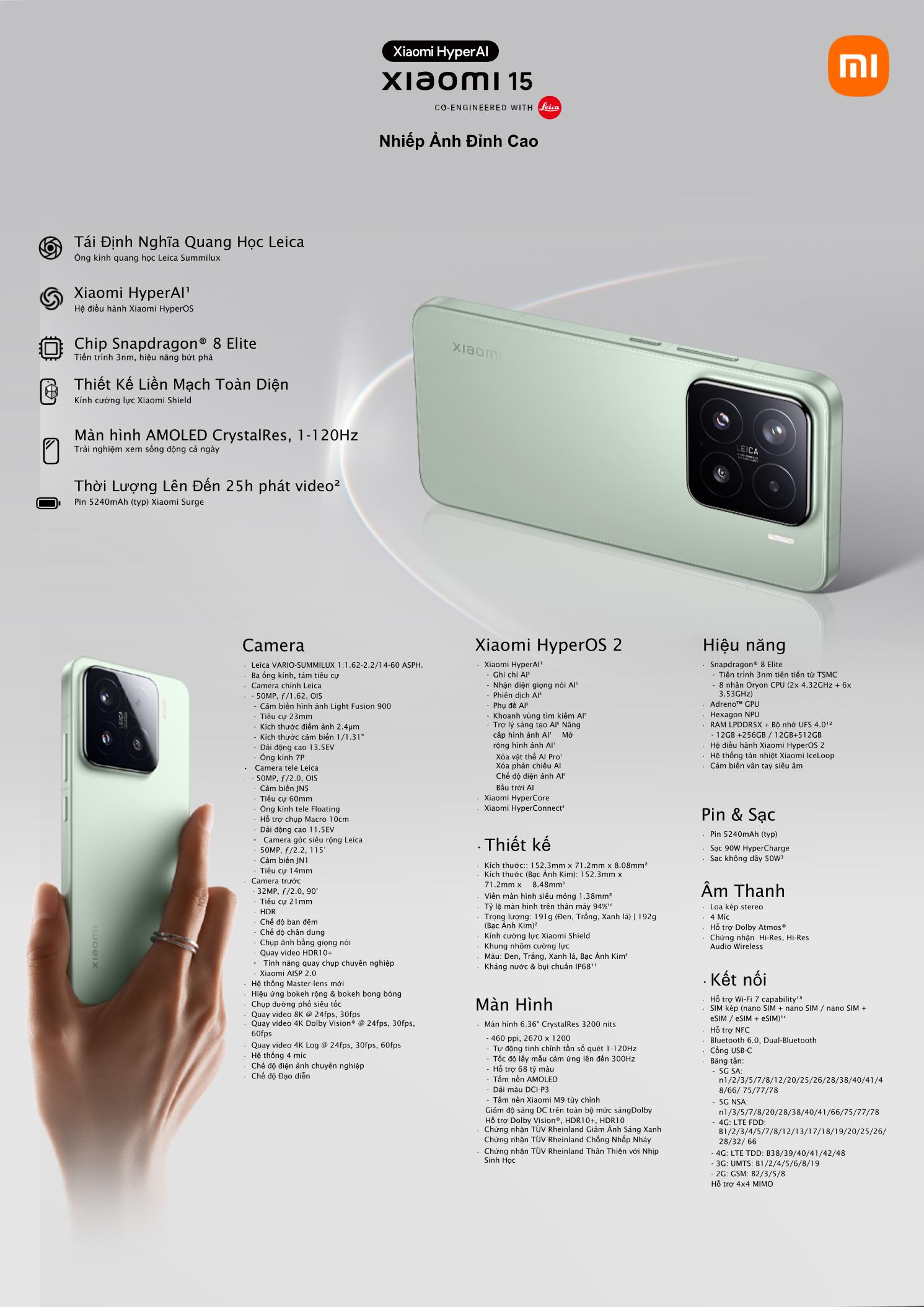 Mô tả Điện thoại thông minh Xiaomi 15 (12+256GB) | Màn 6.3" AMOLED | 3 Camera Leica | SD8 Elite HyperAI - 1