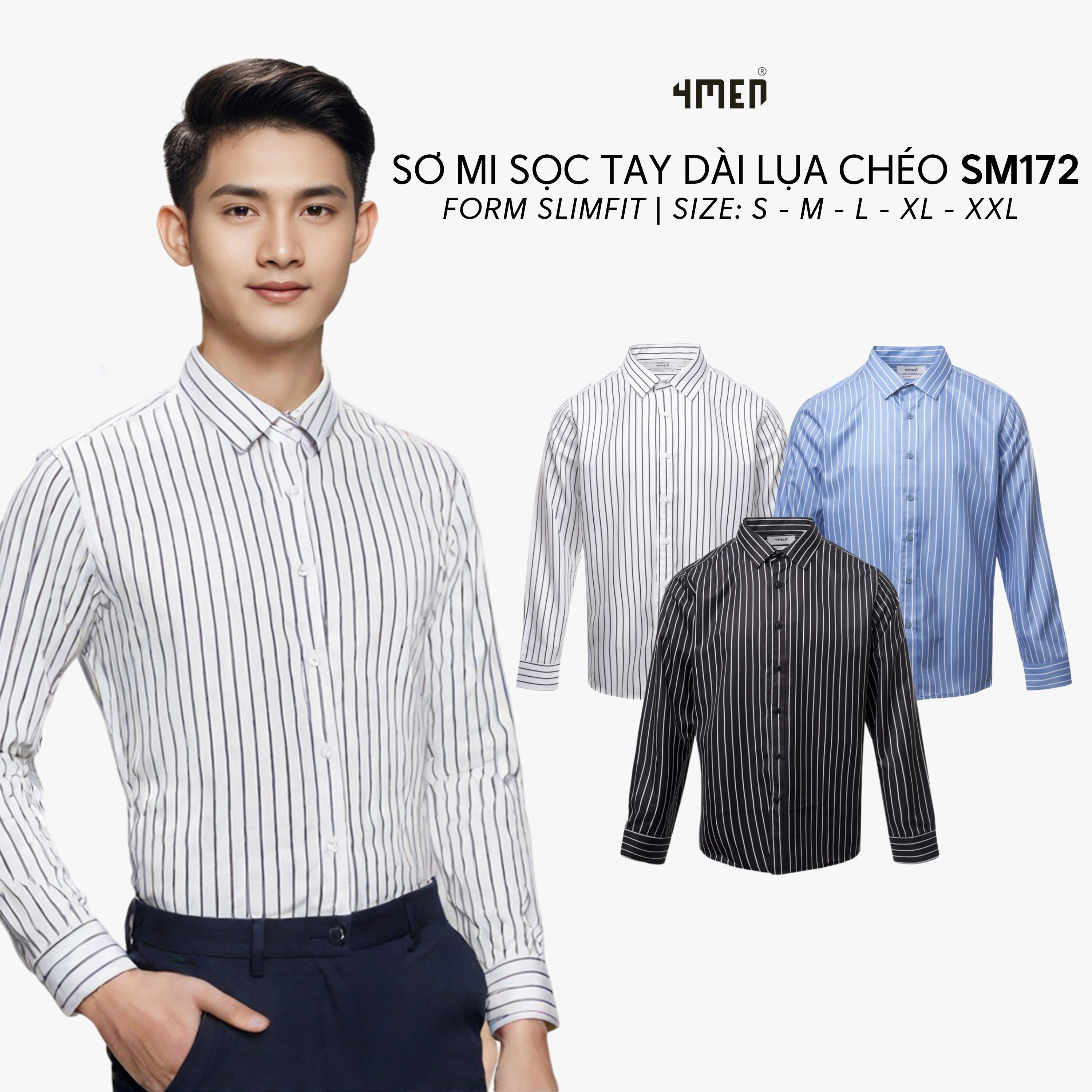 Mô tả Áo sơ mi nam kẻ sọc 4MEN SM172 tay dài, form slimfit ôm body đẹp trẻ trung, vải lụa chéo mềm mịn hạn chế nhăn giá rẻ - 1