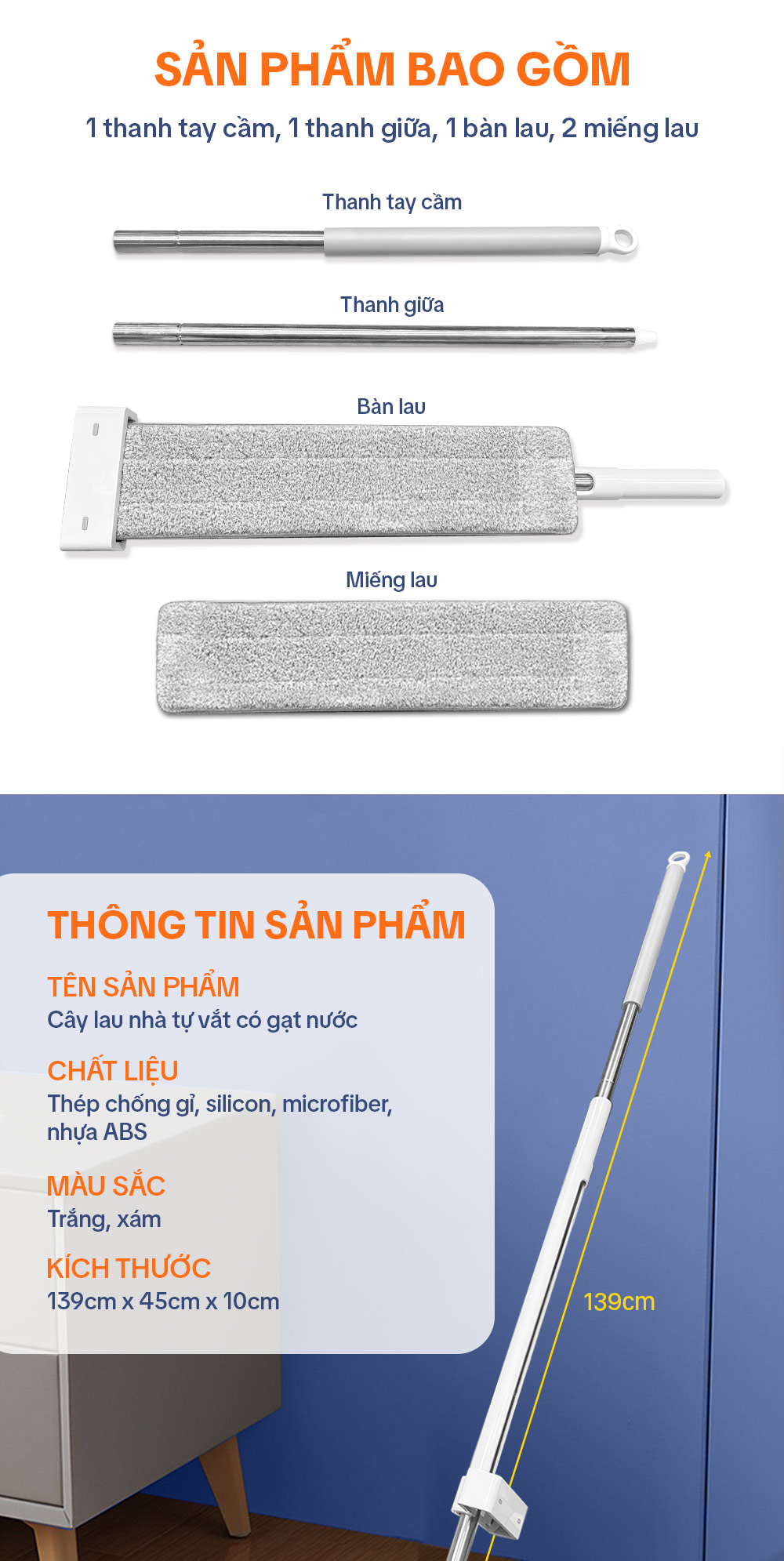 Mô tả Cây Lau Nhà Tự Vắt, Bàn Lau Xoay 360 Độ, Có Tích Hợp Gạt Nước, Cây Lau Trợ Lực Parroti Magic - MG03 - 11