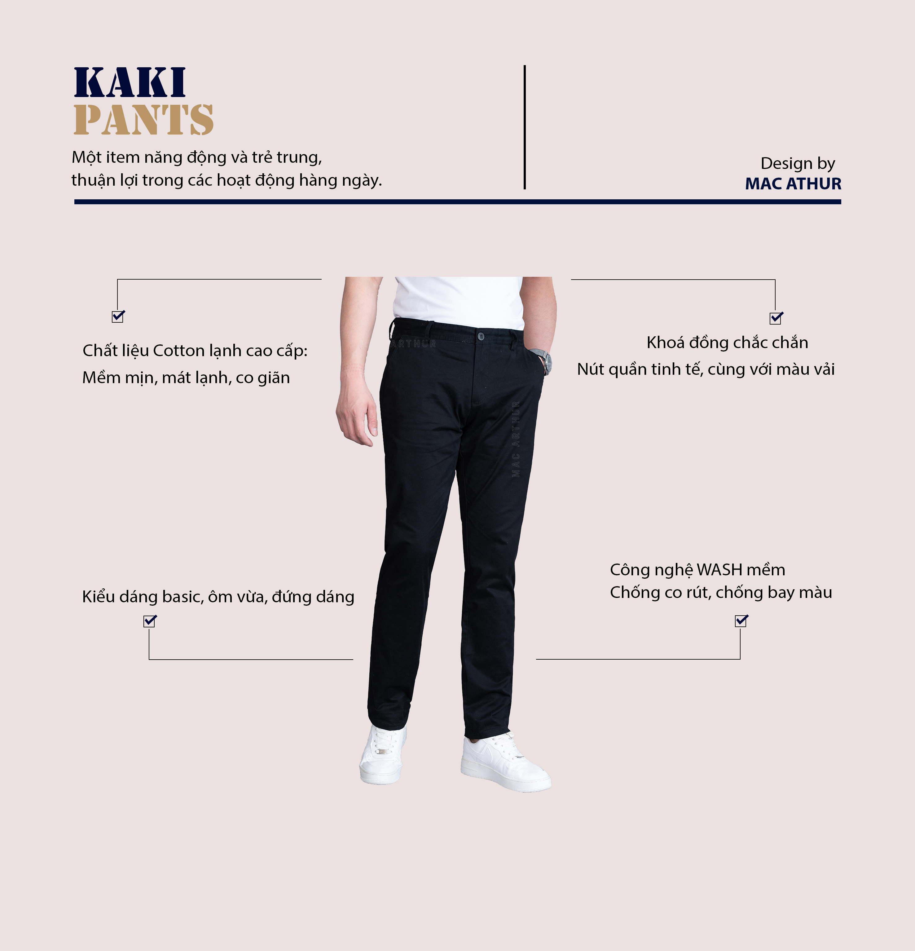 Mô tả Quần dài nam kaki MAC ARTHUR form chuẩn form tôn dáng sang trọng, mềm mịn, co giãn tốt - 1