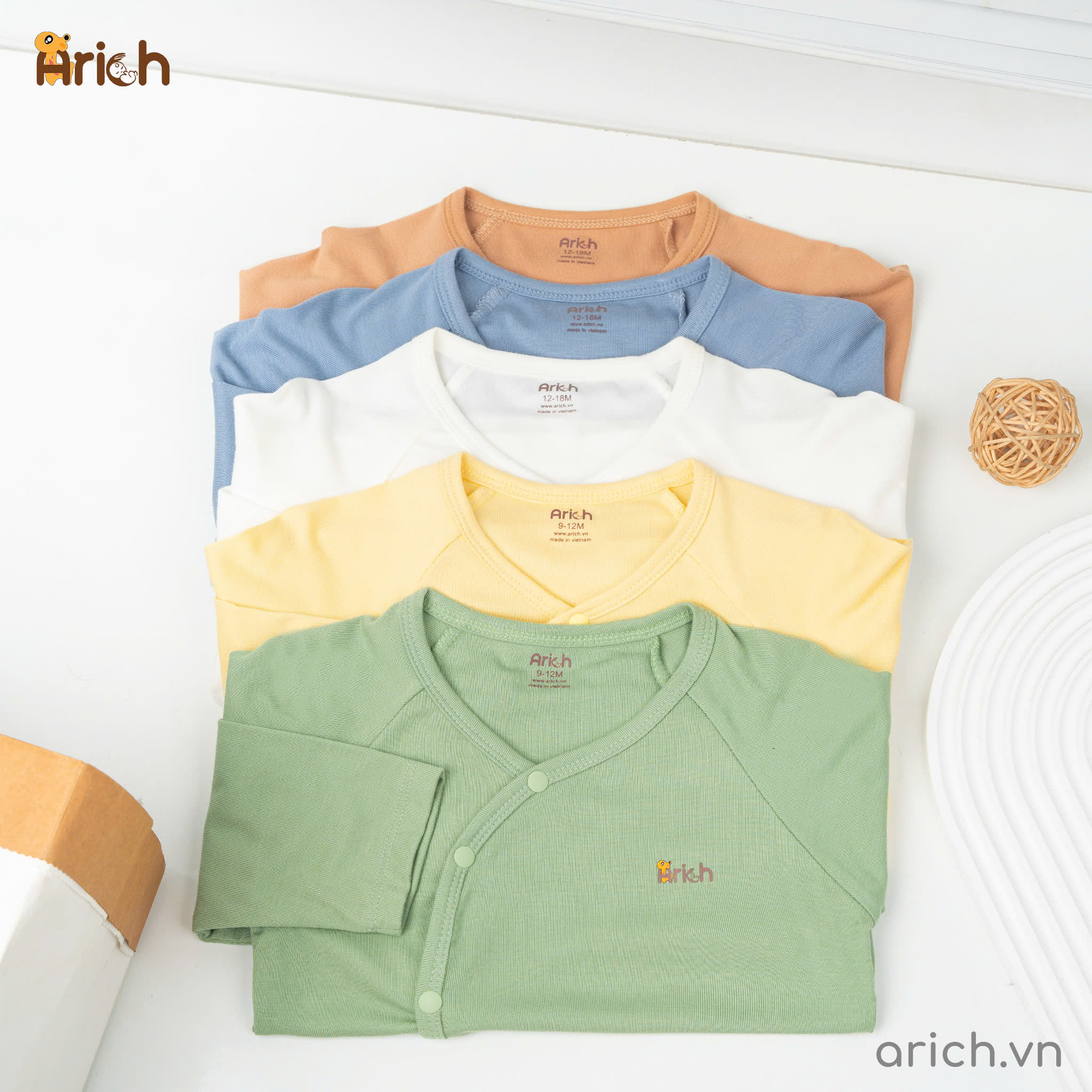 Mô tả Bộ dài tay cài lệch Arich vải sợi tre cho bé trai, bé gái size 0 đến 18 tháng - 6