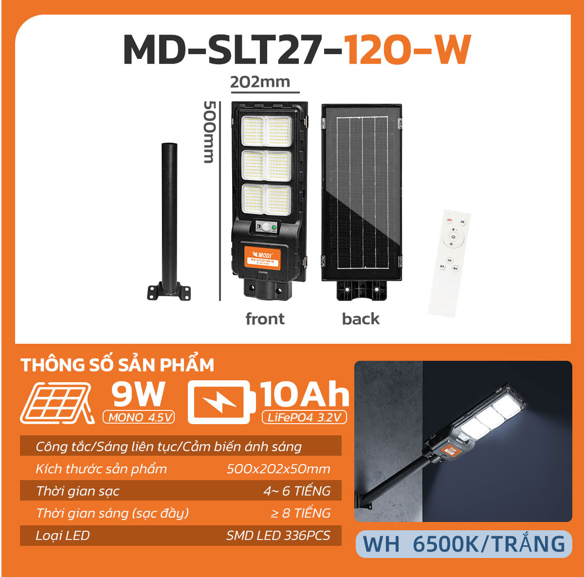 Mô tả Đèn Năng Lượng Mặt Trời MODI SOLAR SLT27 120W 240W, Điều Khiển Từ Xa, Chiếu Sáng Cả Đêm - 7