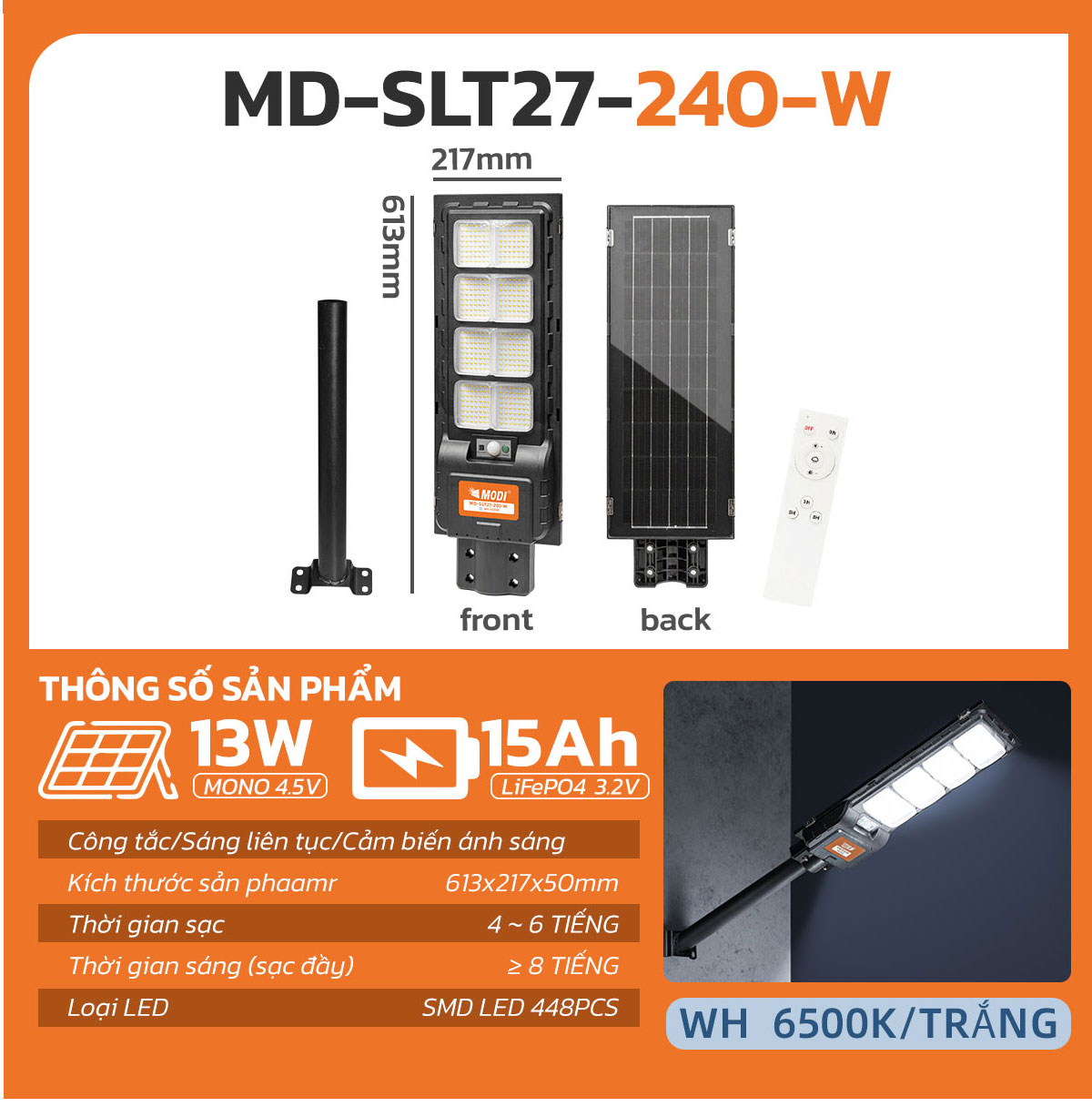 Mô tả Đèn Năng Lượng Mặt Trời MODI SOLAR SLT27 120W 240W, Điều Khiển Từ Xa, Chiếu Sáng Cả Đêm - 8
