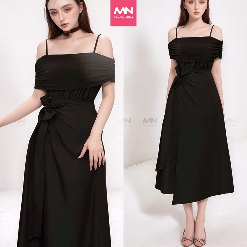 Mô tả Đầm dự tiệc MINA hai dây trễ vai dáng xoè vạt chéo midi chất Cotton phối thun Lazong màu đen MN250 - 1