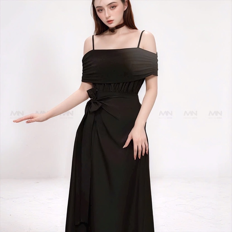 Mô tả Đầm dự tiệc MINA hai dây trễ vai dáng xoè vạt chéo midi chất Cotton phối thun Lazong màu đen MN250 - 3