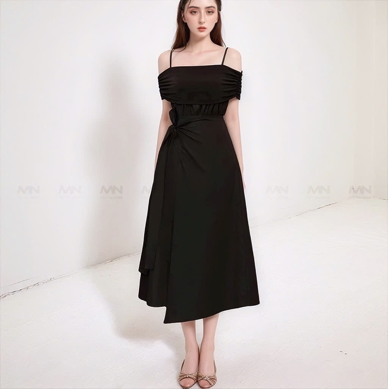 Mô tả Đầm dự tiệc MINA hai dây trễ vai dáng xoè vạt chéo midi chất Cotton phối thun Lazong màu đen MN250 - 2