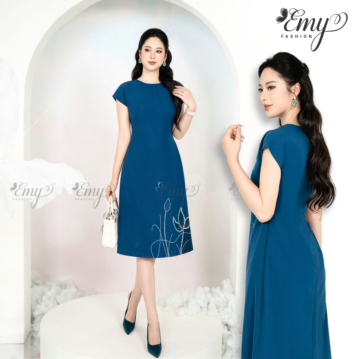 Mô tả Đầm Trung Niên Suông Xanh Kết Hạt Thiết Kế Cao Cấp EMY EM9400 Nhã Nhặn Dịu Dàng Đi Chơi, Đi Dự Tiệc - 1