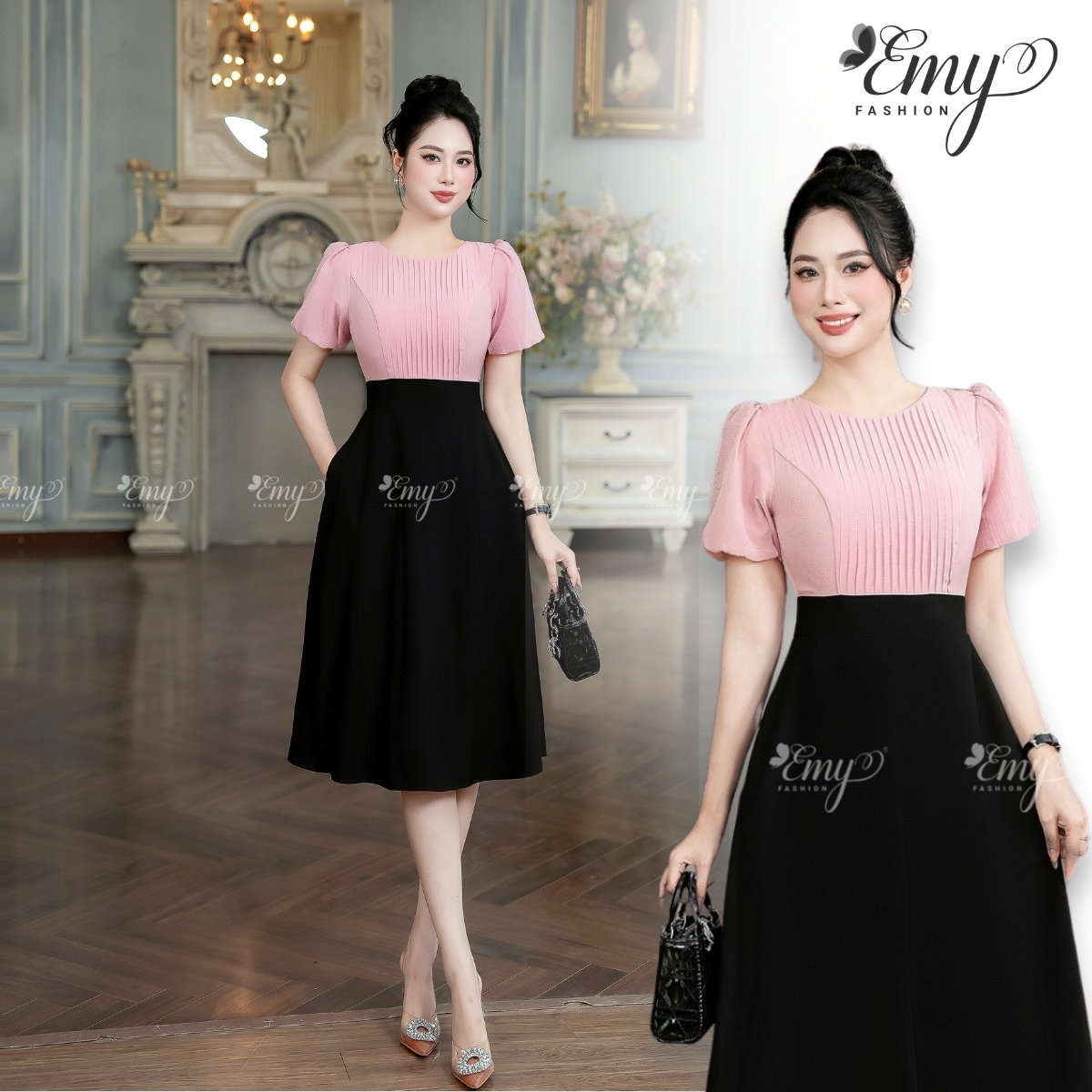 Mô tả Đầm EMY EM7498 Xoè Phối Hồng Đen - 1