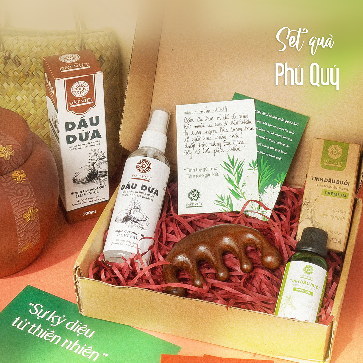 Mô tả Set quà tặng phụ nữ "Phú Quý" - Dầu dừa ép lạnh, Tinh dầu bưởi Đất Việt, Lược gỗ đàn hương massage - 1