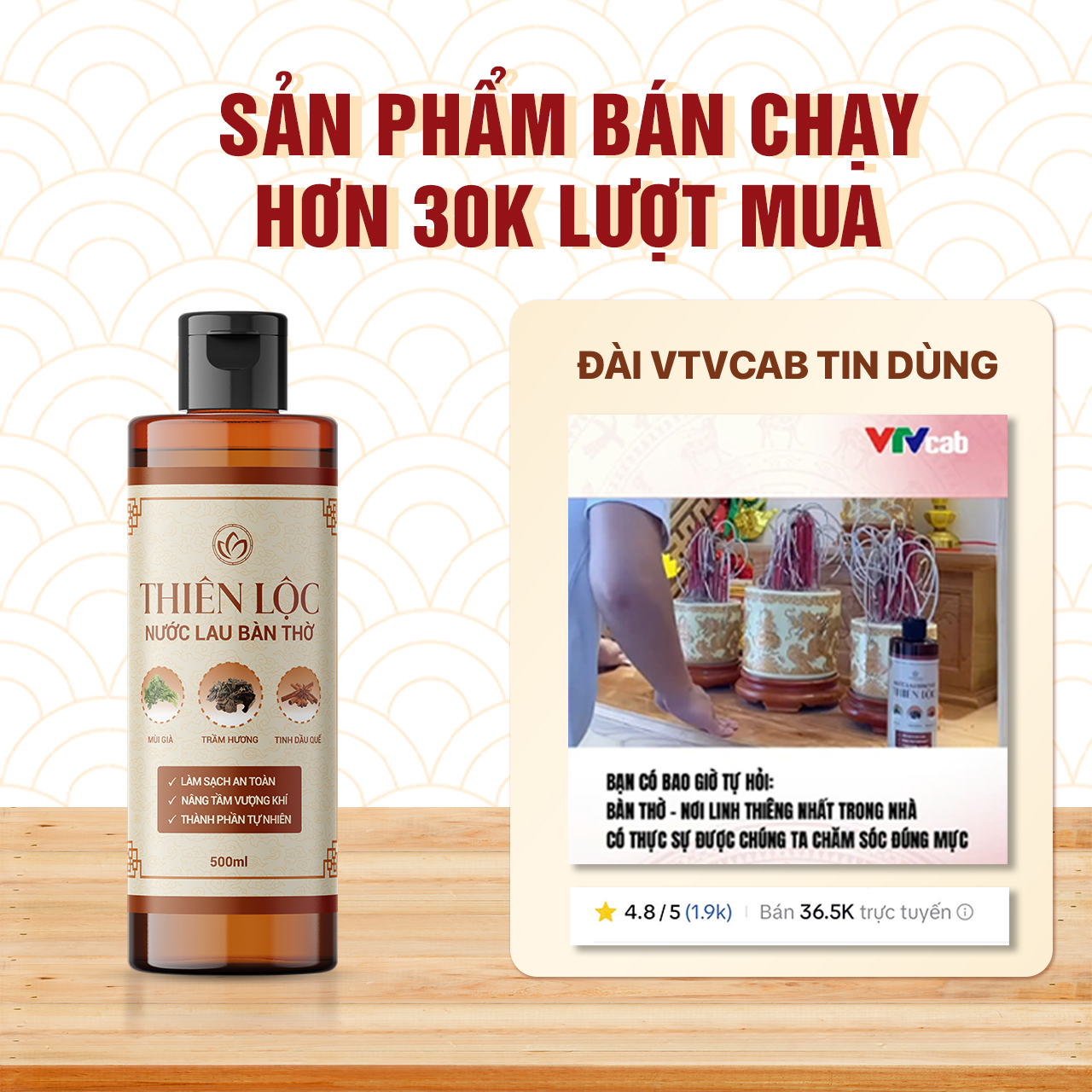 Mô tả Nước lau bàn thờ Thiên Lộc - Làm sạch, bao sái bàn thờ, thu hút tài vận 500ml - Nước thơm trầm hương - 1