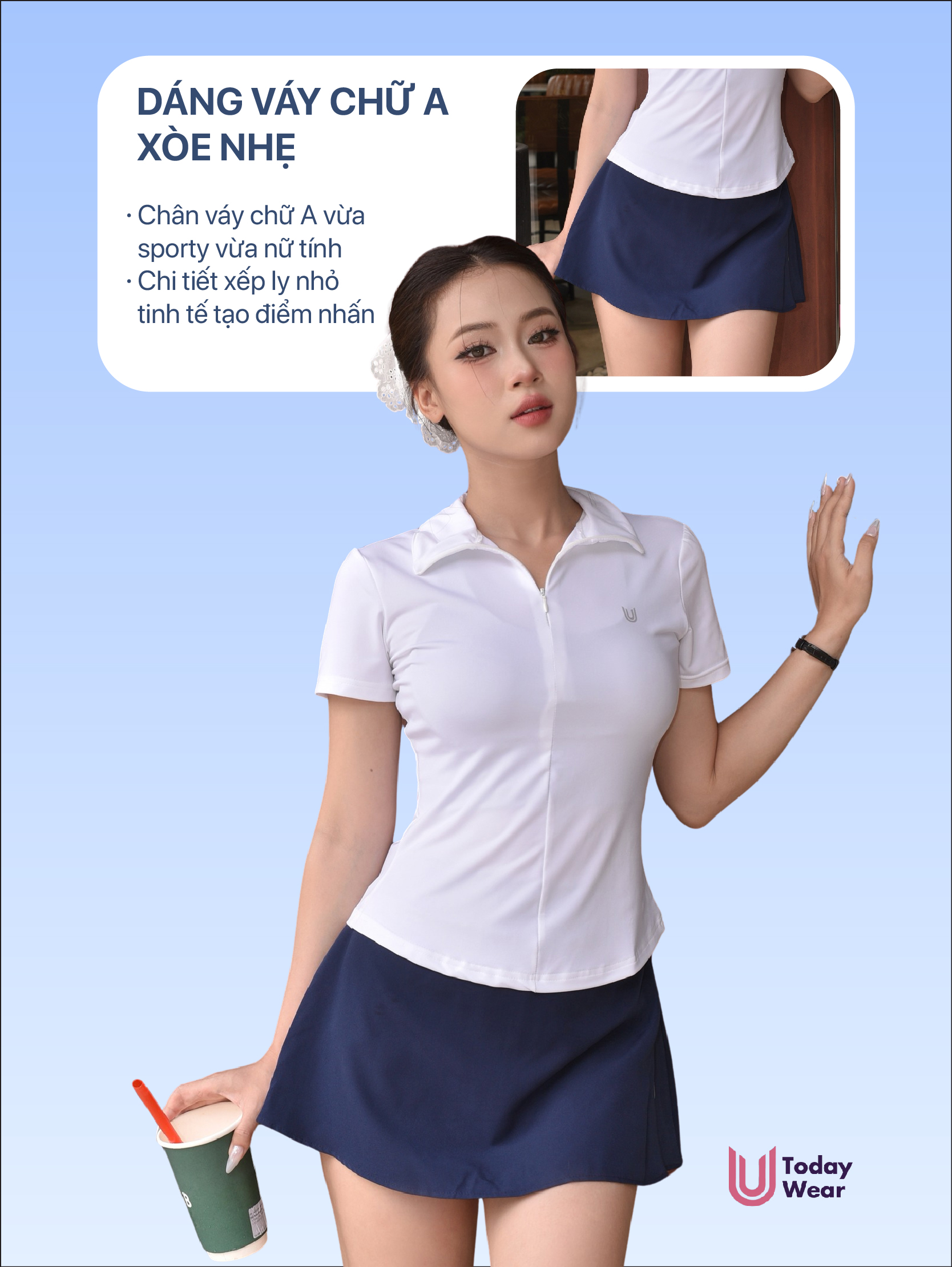 Mô tả Chân váy ngắn thể thao Lina Skirt Today U Wear có sẵn quần bảo hộ dáng chữ A cho nữ chơi cầu lông tennis chạy bộ - 4