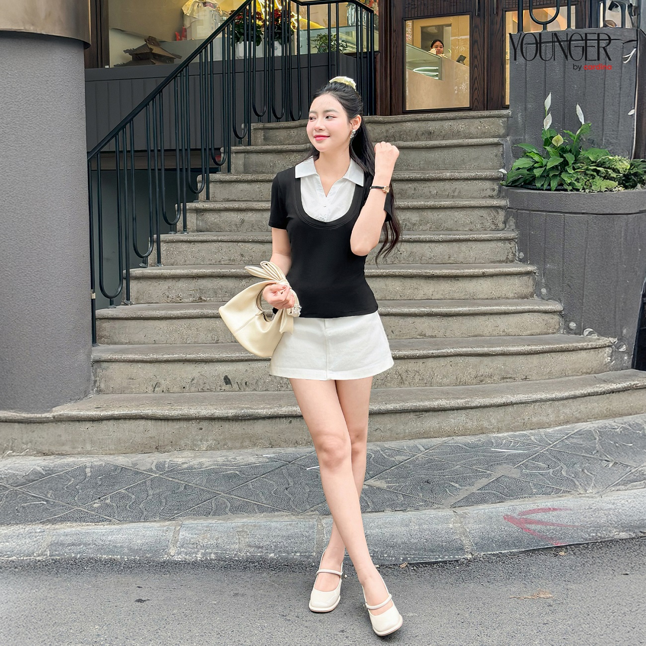 Mô tả Áo thun nữ YOUNGER BY CARDINA chất liệu tăm hàn phối cổ trendy năng động 5YAFC02 - 2