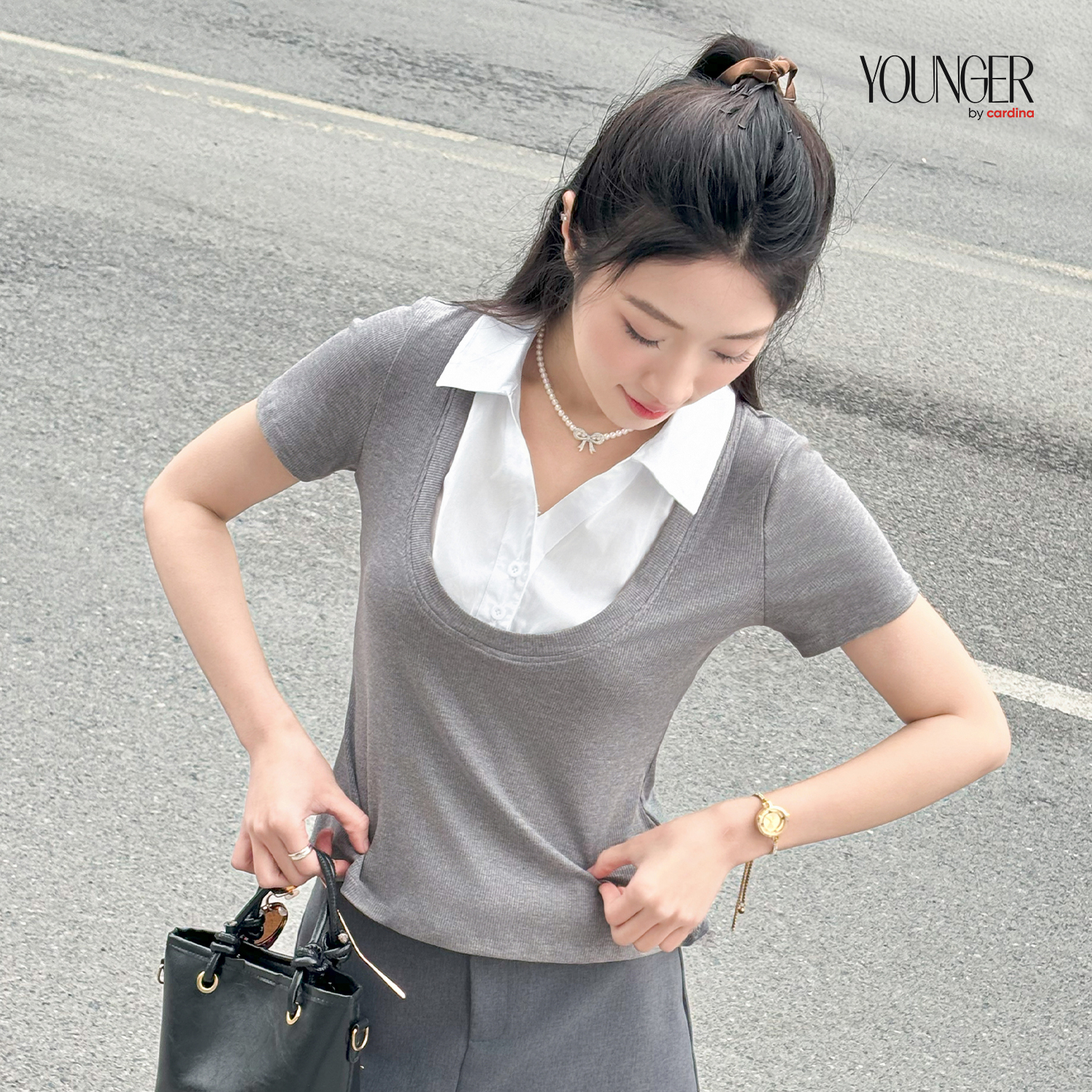 Mô tả Áo thun nữ YOUNGER BY CARDINA chất liệu tăm hàn phối cổ trendy năng động 5YAFC02 - 6