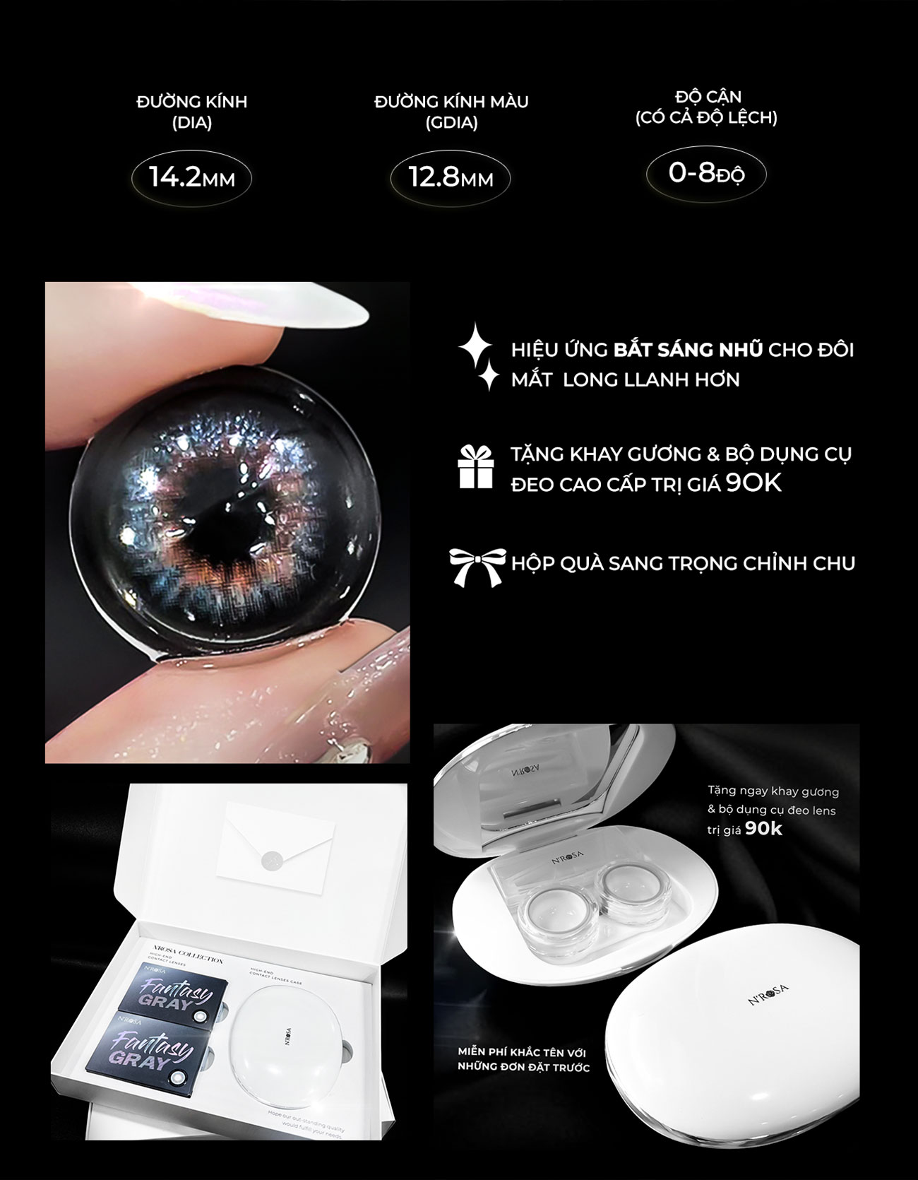 Mô tả Lens xám tự nhiên có độ cận 0-8 N’Rosa Fantasy Gray chất liệu Silicone Hydrogel cho mắt thở Angel Eyes phân phối - 2