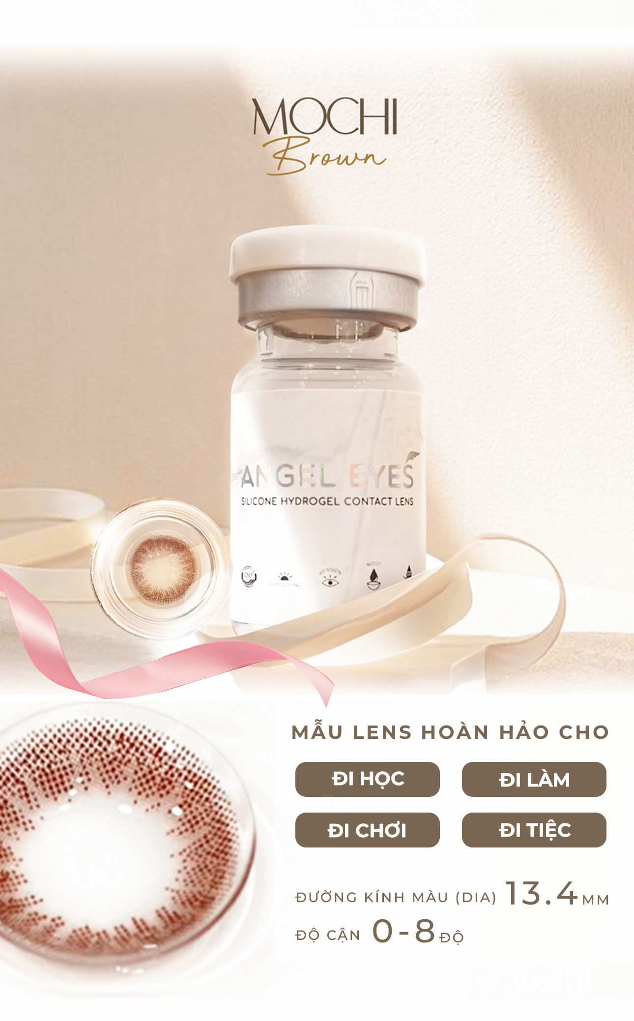 Mô tả Lens nâu có độ cận Mochi hiệu Angel Eyes có độ từ 0 - 8 độ, dòng kính áp tròng nâu có độ phù hợp kỷ yếu, đi học, cô dâu - 4