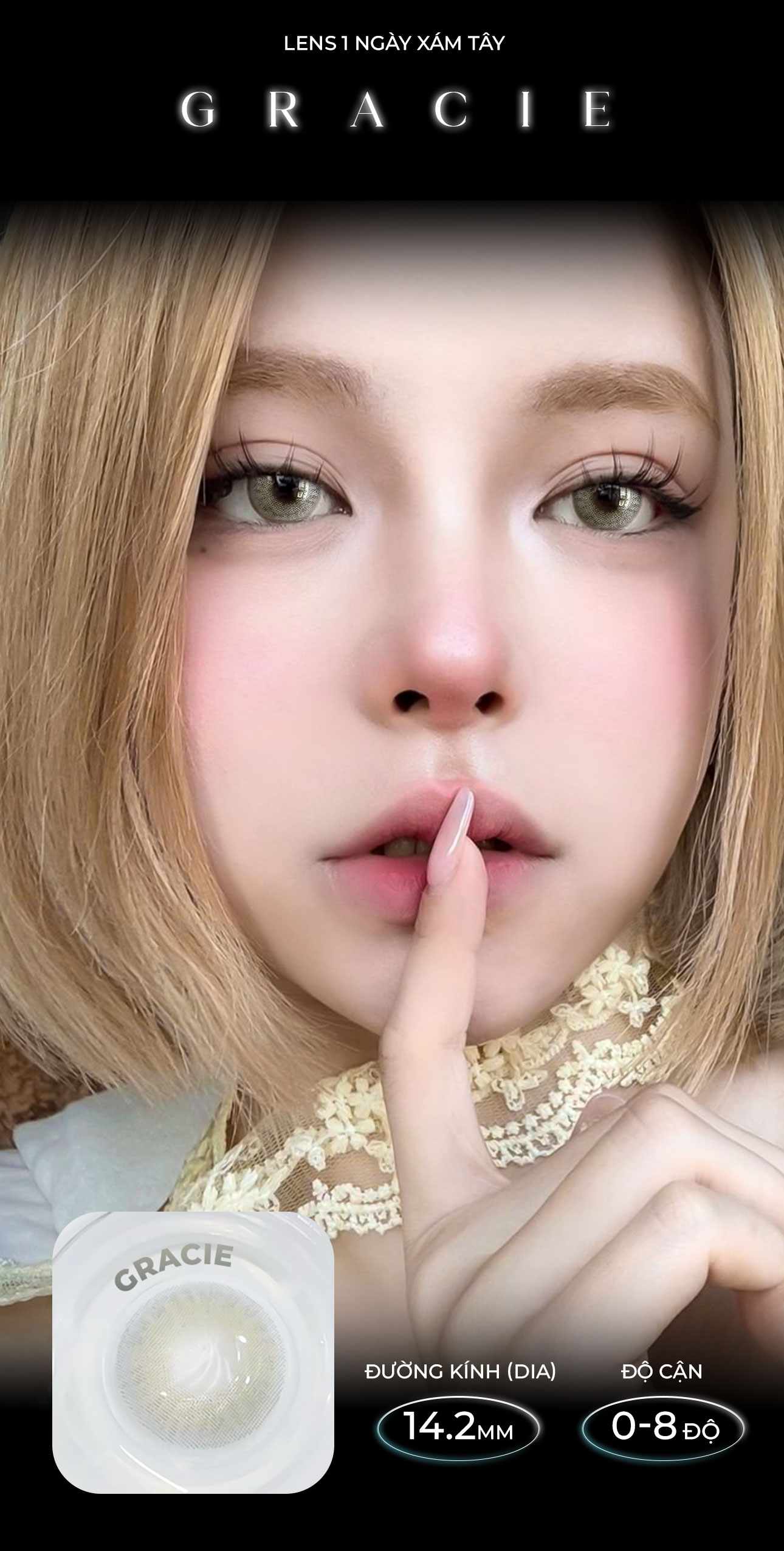 Mô tả Lens 1 ngày màu có độ cận gồm 2 màu nâu & xám siêu ẩm nhãn hiệu Angel Eyes Hàn Quốc - Đường kính 14.2mm - Độ cận 0-8 - 4