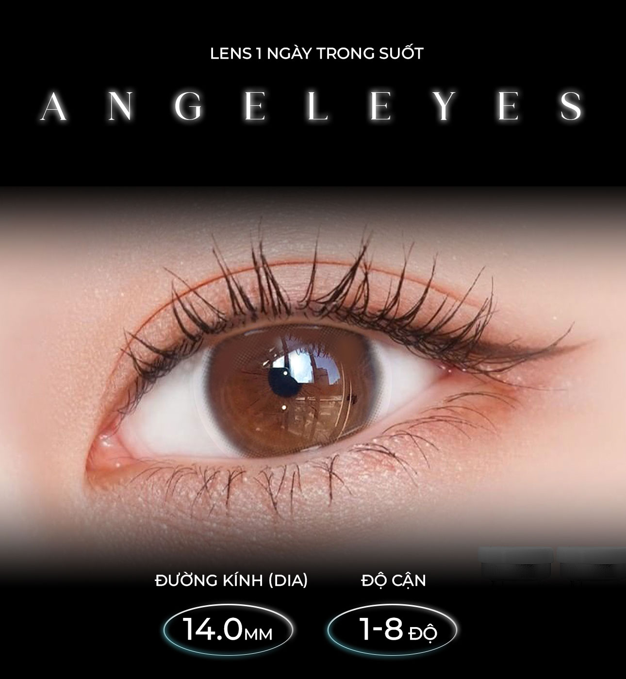 Mô tả Lens 1 ngày màu có độ cận gồm 2 màu nâu & xám siêu ẩm nhãn hiệu Angel Eyes Hàn Quốc - Đường kính 14.2mm - Độ cận 0-8 - 5