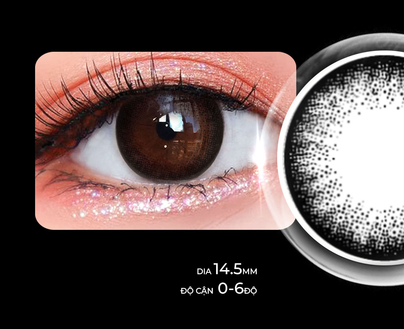 Mô tả Lens giãn tròng màu đen tự nhiên có độ 0-6 Magic Black nhãn hiệu Angel Eyes, kính giãn tròng màu đen hiệu ứng giãn 14.5 - 2