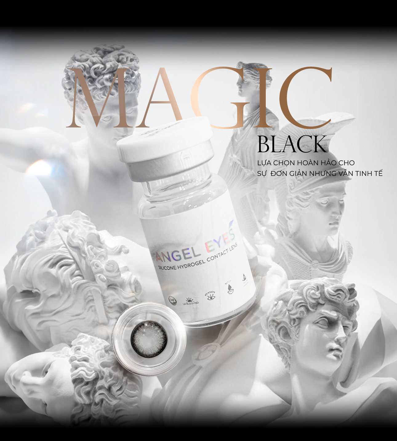 Mô tả Lens giãn tròng màu đen tự nhiên có độ 0-6 Magic Black nhãn hiệu Angel Eyes, kính giãn tròng màu đen hiệu ứng giãn 14.5 - 3