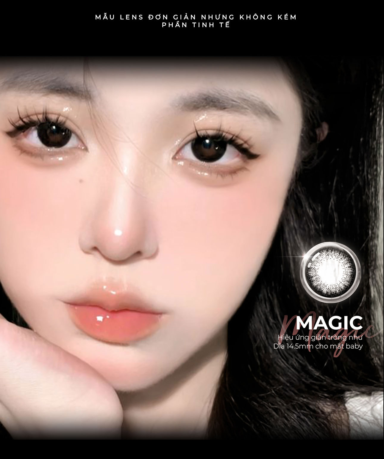 Mô tả Lens giãn tròng màu đen tự nhiên có độ 0-6 Magic Black nhãn hiệu Angel Eyes, kính giãn tròng màu đen hiệu ứng giãn 14.5 - 4