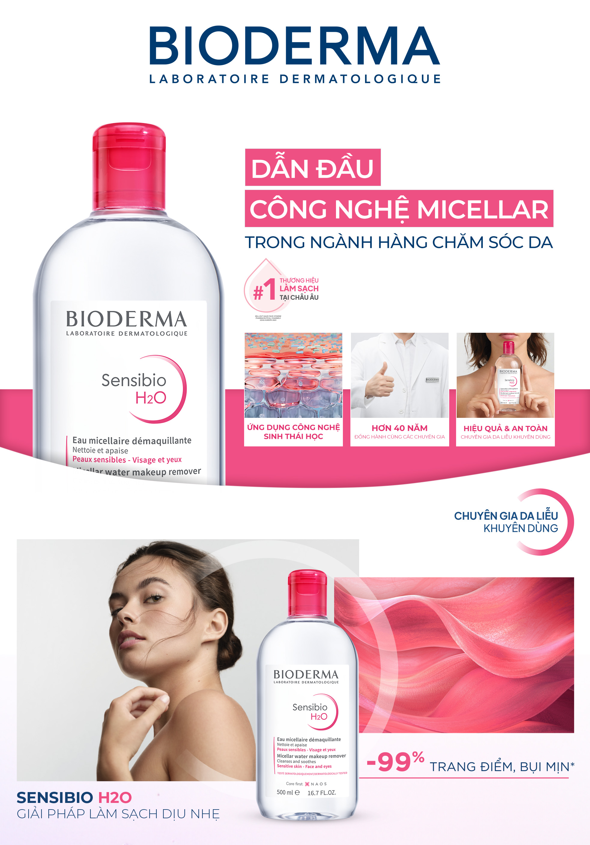 Mô tả Dung dịch làm sạch và tẩy trang công nghệ Micellar cho da thường & nhạy cảm Bioderma Sensibio H2O - 500ml - 1