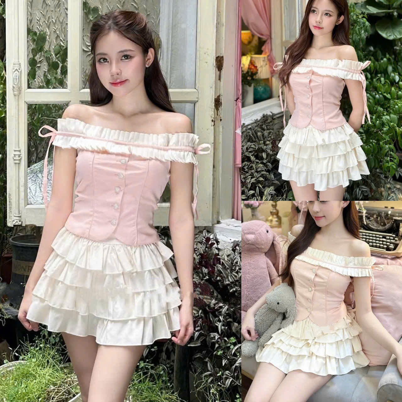 Set váy áo nữ trễ vai dập ly phối nơ mix chân váy xòe tầng bánh bèo ...