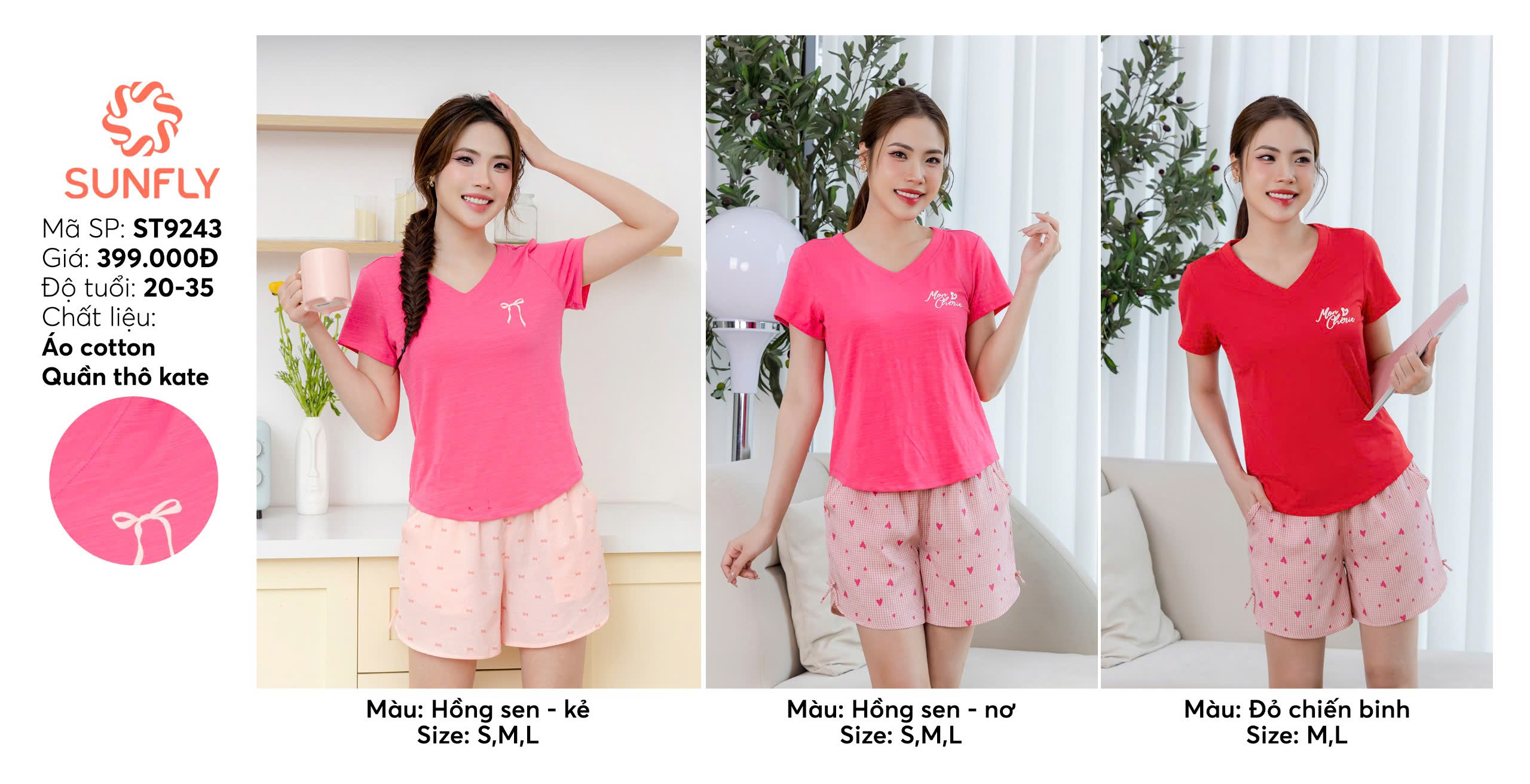 Mô tả Đồ bộ mặc nhà nữ áo cotton SUNFLY cộc tay quần sooc kate ST9243 - 3