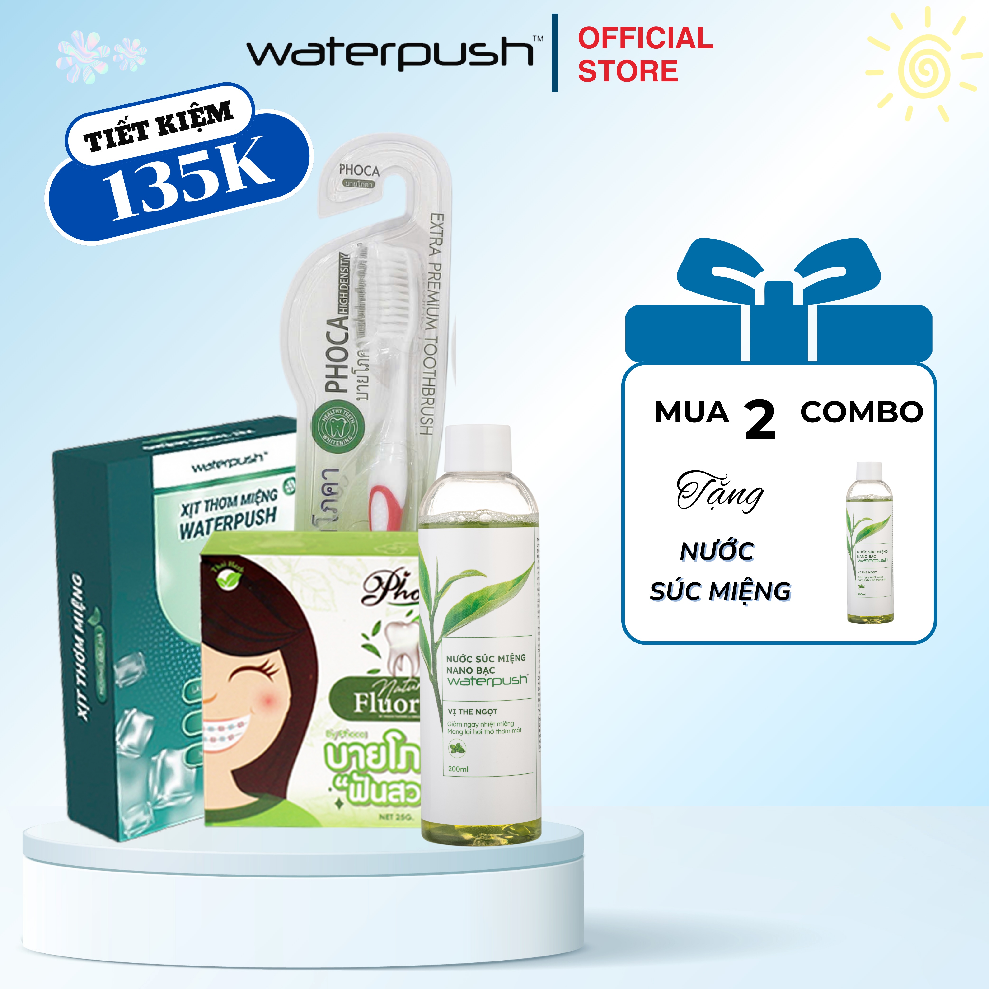 Mô tả Combo sản phẩm chăm sóc răng miệng toàn diện WaterPush - Nước súc miệng + Xịt Miệng + Bàn Chải + Kem Đánh Răng Phoca - 1