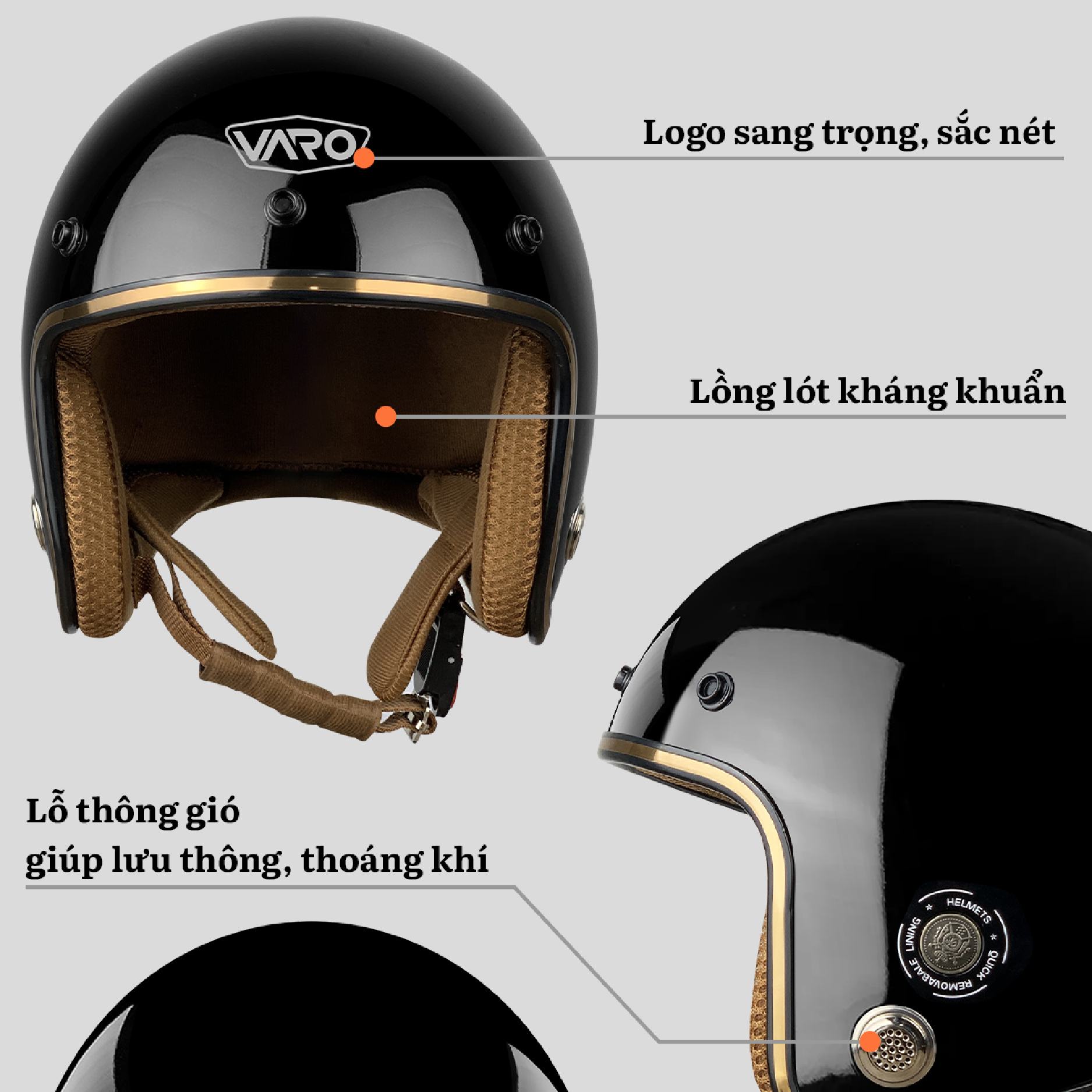 Mô tả Mũ bảo hiểm 3 4 VARO helmets Viền đồng lót nâu bảo hành 12 tháng - 5