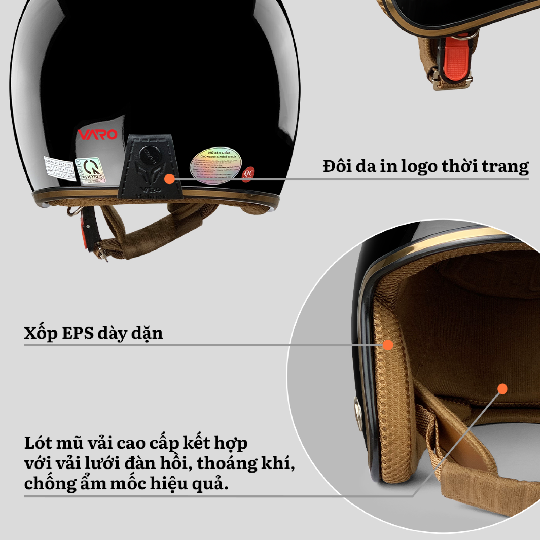 Mô tả Mũ bảo hiểm 3 4 VARO helmets Viền đồng lót nâu bảo hành 12 tháng - 6