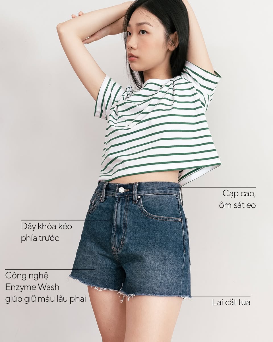 Mô tả TheBlueTshirt - Quần shorts jean lưng cao lai tưa cho nữ - Golden Hour Shorts - Women - 1