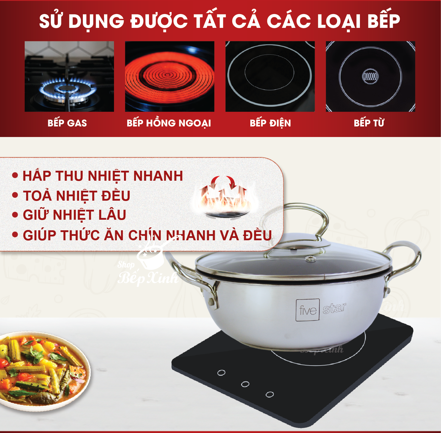 Mô tả Nồi lẩu inox 430 cao cấp Fivestar nắp kính size 18cm | 20cm | 22cm | 24cm | 26cm | 28cm , 3 đáy sandwich phù hợp mọi bếp - 2