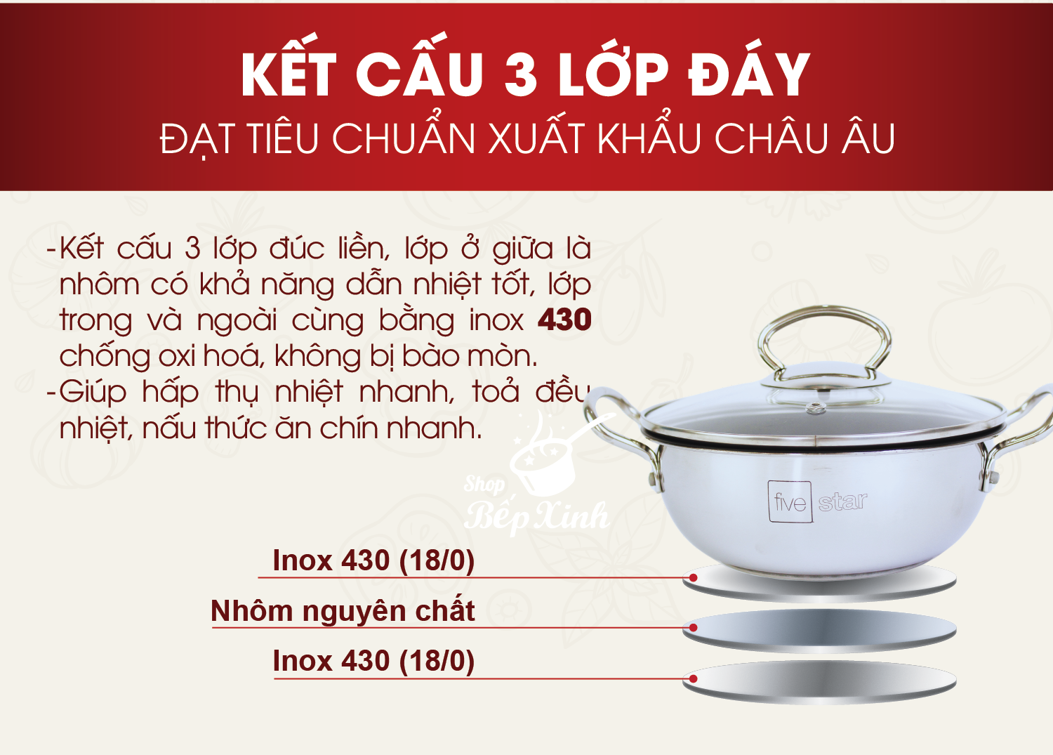 Mô tả Nồi lẩu inox 430 cao cấp Fivestar nắp kính size 18cm | 20cm | 22cm | 24cm | 26cm | 28cm , 3 đáy sandwich phù hợp mọi bếp - 3