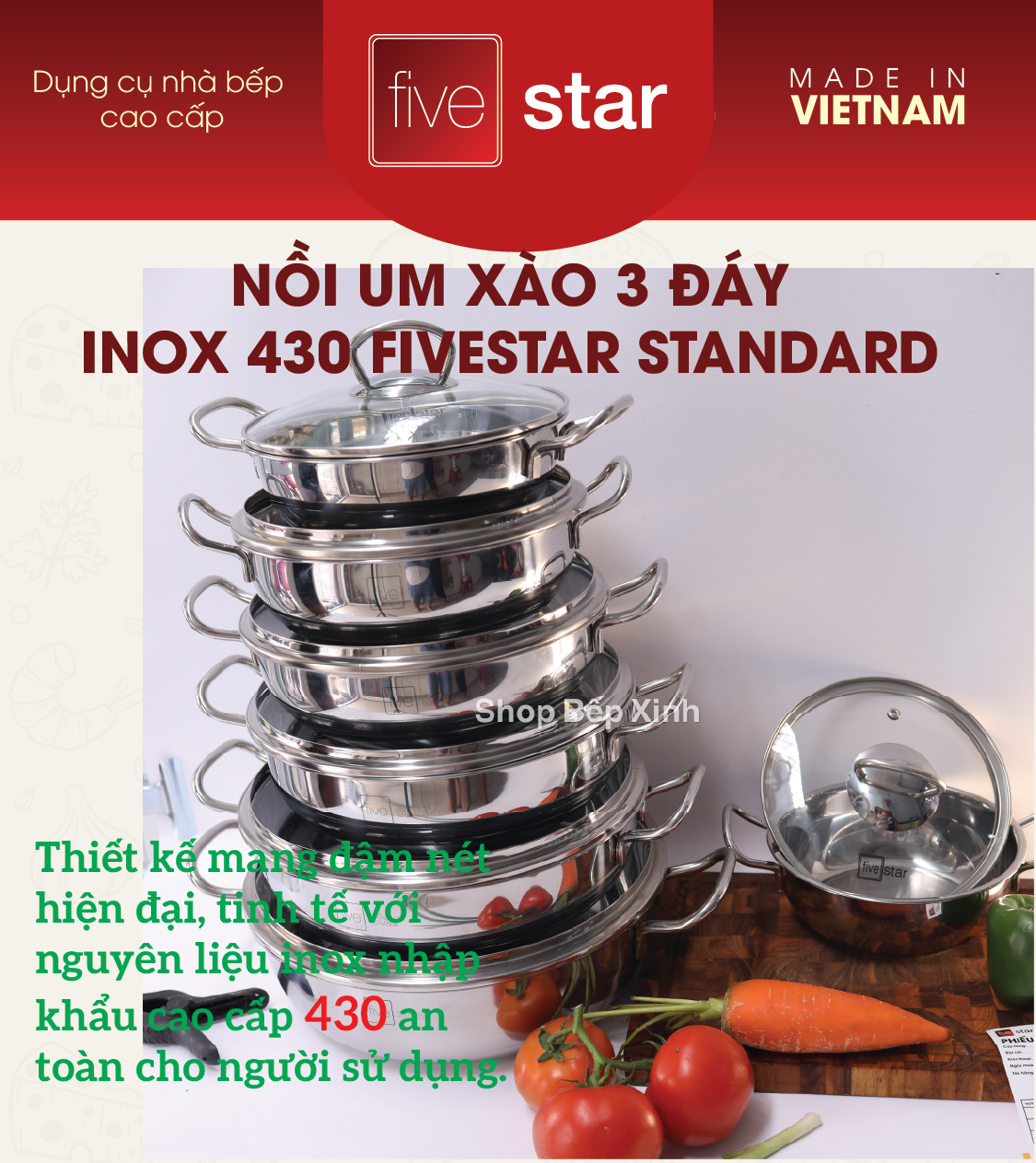 Mô tả Nồi lẩu inox 430 cao cấp Fivestar nắp kính size 18cm | 20cm | 22cm | 24cm | 26cm | 28cm , 3 đáy sandwich phù hợp mọi bếp - 1